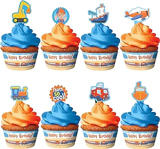 Treasures Gifted Officially Licensed Blippi Cupcake Toppers & Wrappers 24ct - Blippi Cake Decorations - Blippi Excavator Cupcake Set - Blippi Birthday Party Supplies - Blippi Cake Toppers