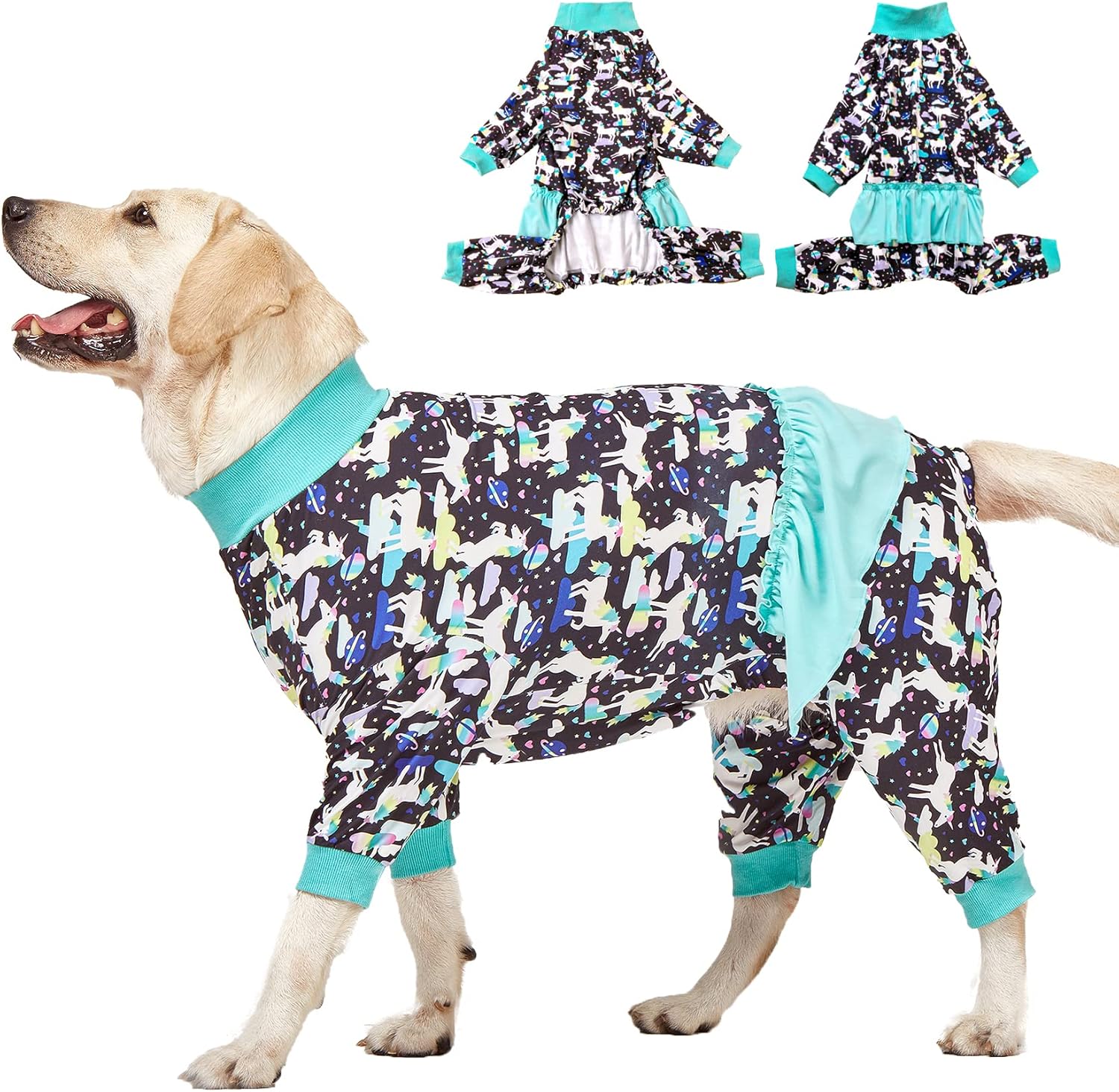 LovinPet Large Giant Dog Pajamas, Post Surgery Recovery Shirt for Large Dogs, Unicorns in Space Black Print, Lightweight Big Dogs Pullover, Full Coverage Breed Dog Jammies, Pet PJ’s, M