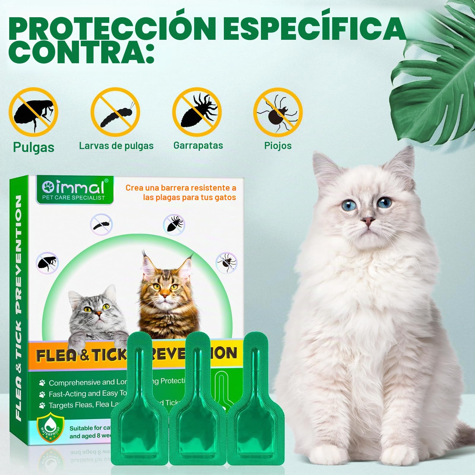 Ver-mi-fu-ge tópico en gotas para gatos 6 unidades, Ver-mif-UG-e Spot on para gatos, prevención de pulgas y garrapatas, fórmula natural fuerte, protección contra las alergias cutáneas, de 6 meses
