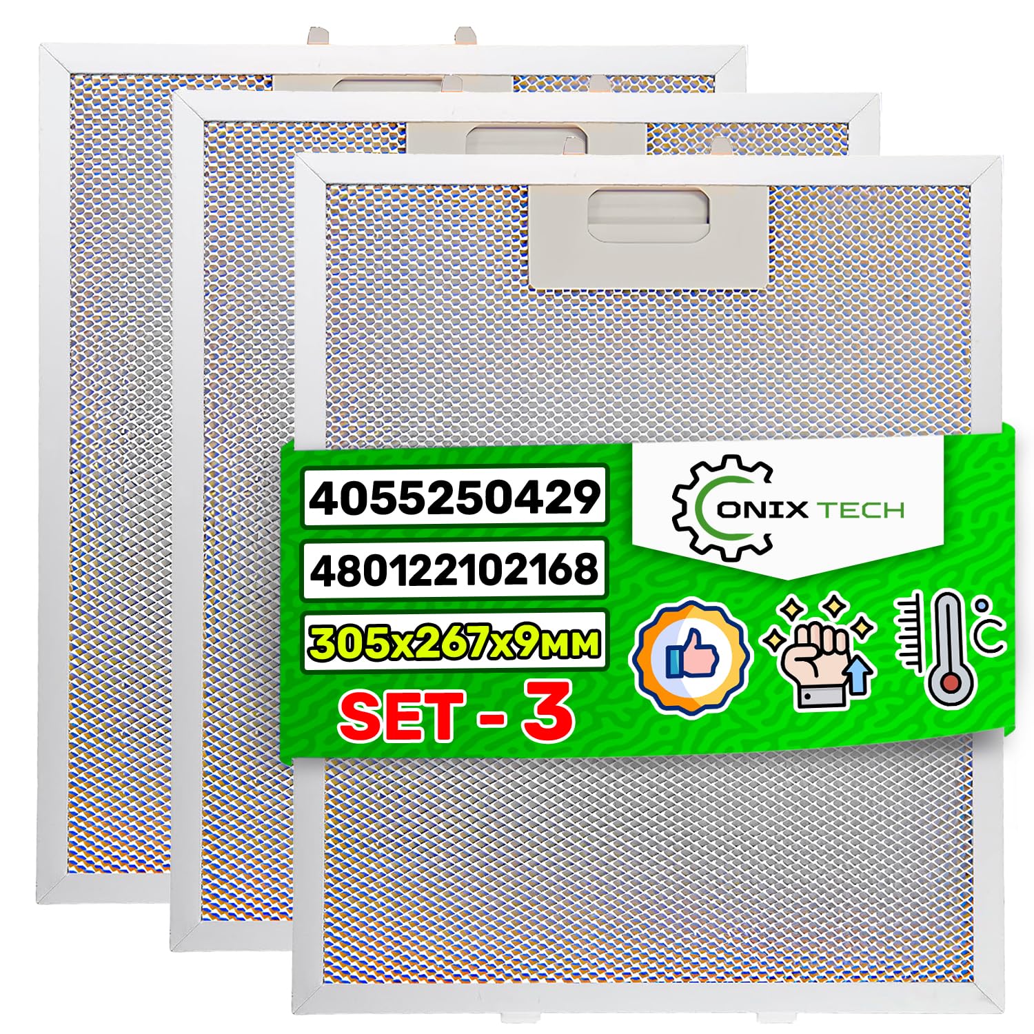 Filtro Campana Extractora de Cocina 3 Piezas 305 x 267 x 9 mm con Código Original 480122102168 para Whirlpool 405525042-9 4055250429 para Electrolux - Garantía de 5 Años - ONIX TECH