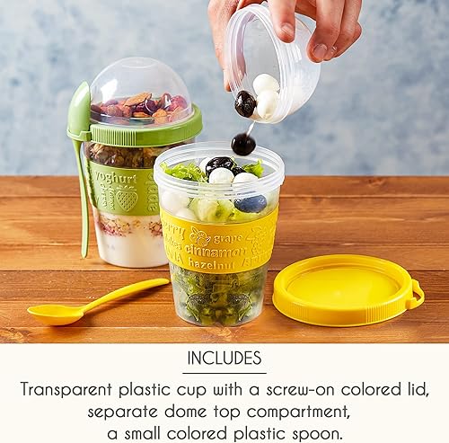 Miniatura 3 de Tazas de yogur para desayuno, avena o fruta, cuenco y cuchara para lonchera, portátil y reutilizable, 2 unidades (verde y amarillo)