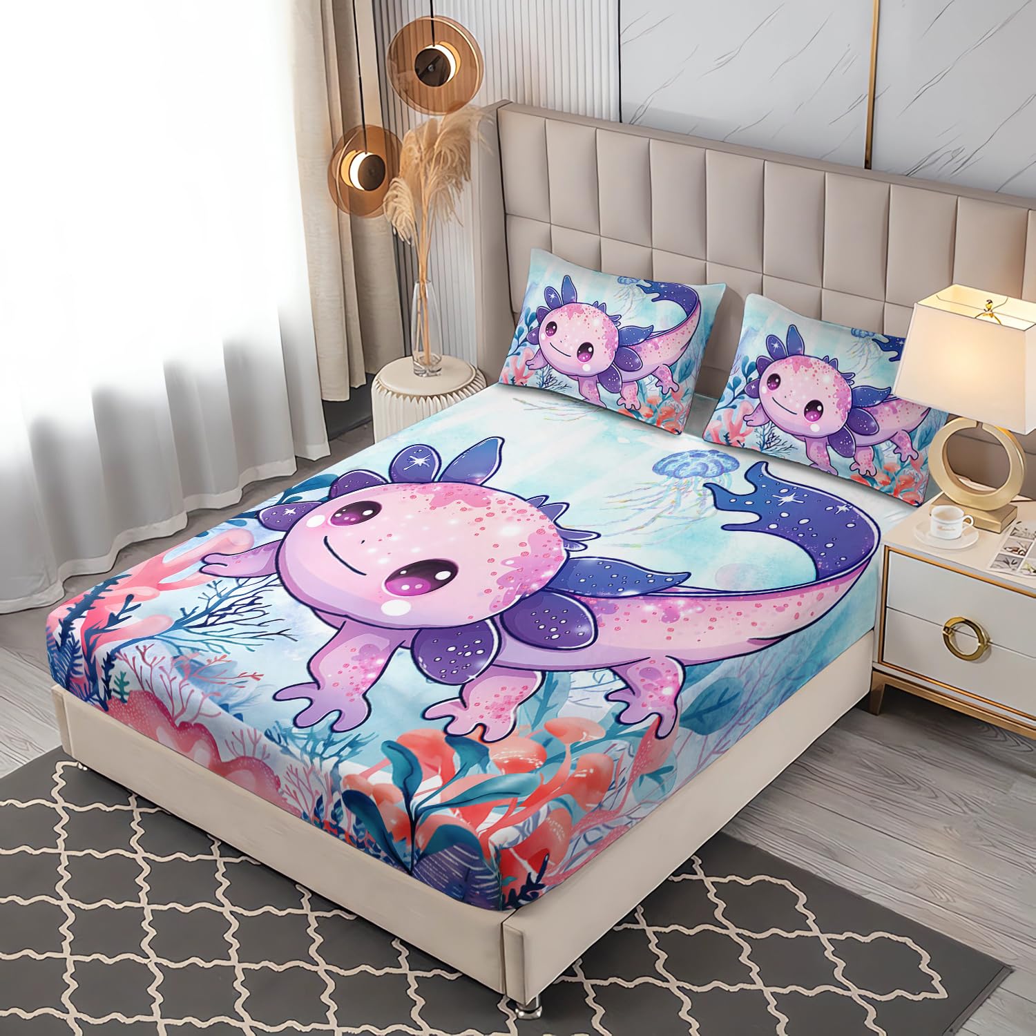 UEVBF Cute Axolotl Bedding Set Full Size,Color Axolotl Waterweed Jellyfish Pattern Toddler Fitted Sheets,Ocean Life Bedding Sets for Kids Girls Room Decor,1 Fitted Sheet+2 Pillowcases.