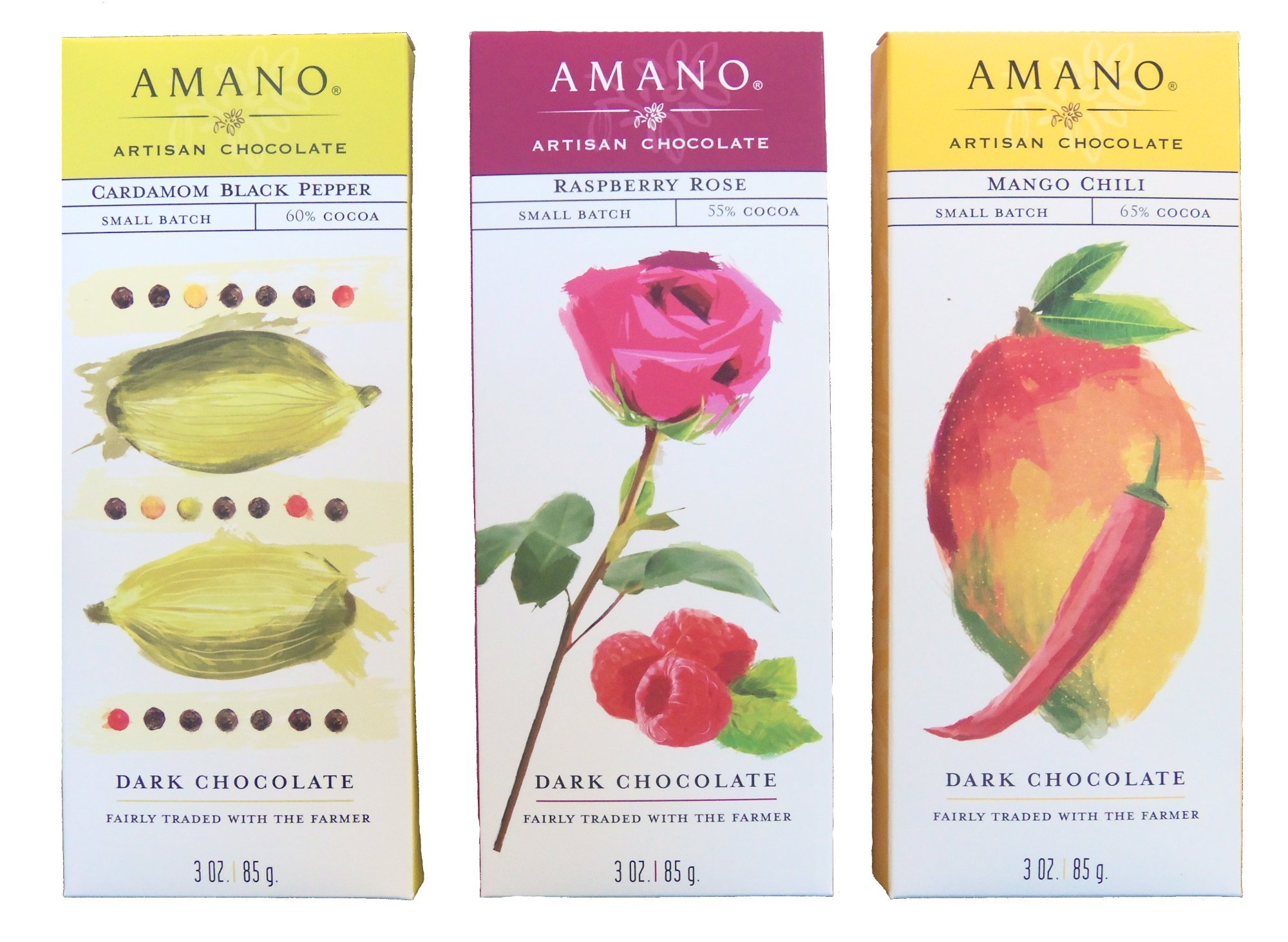 AmanoArtisan Flavored Dark Chocolate Bar Variety Trio - Cardamom Black Pepper, Raspberry Rose, & Mango Chili - 3 Bars, 3 Ounces Per Bar - International Chocolate Awards Winners!