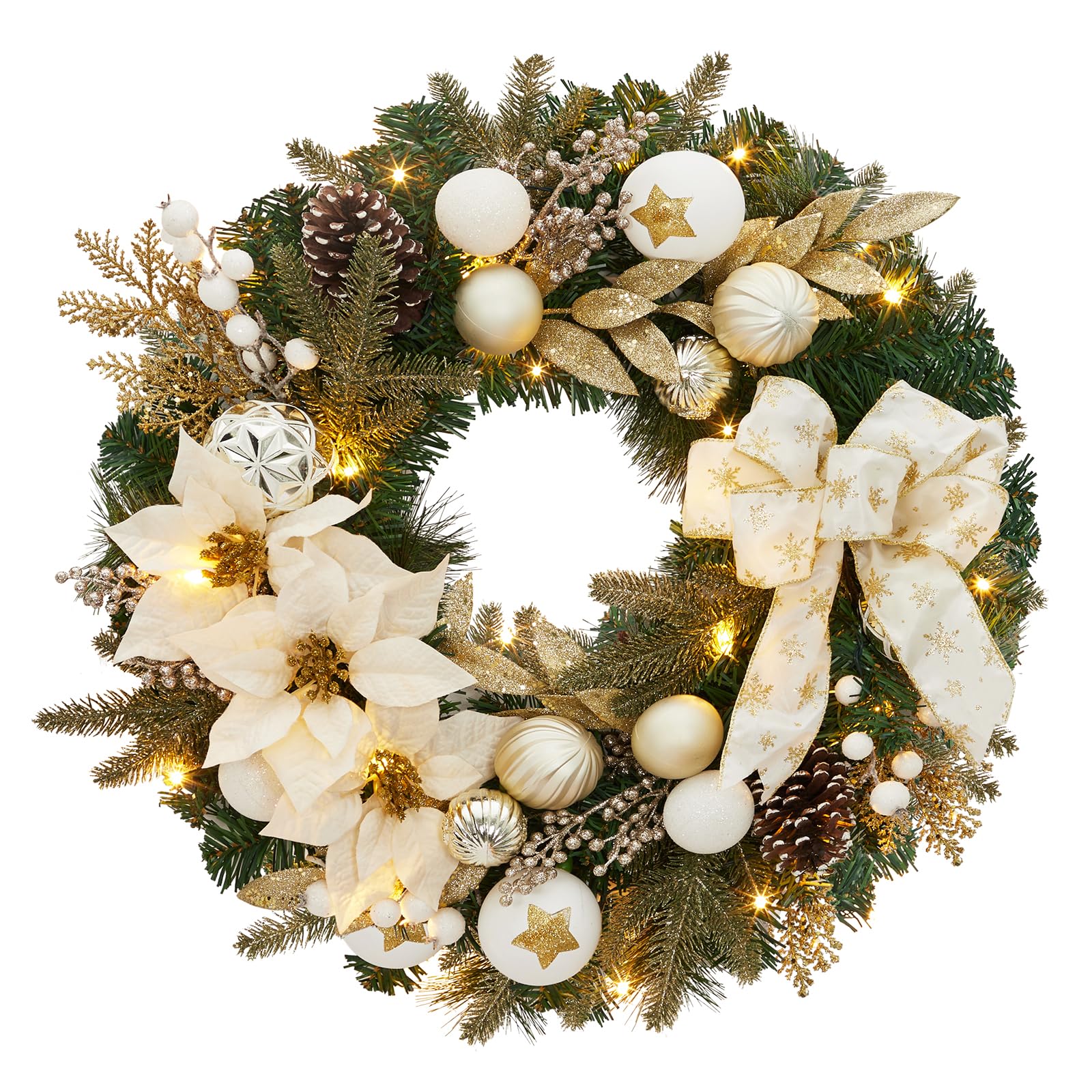 24 in Christmas Wreath with Lights for Front Door, Pre-Lit Christmas Wreath, Battery Operated, Lighted Xmas Door Wreath with Ball Ornaments for Christmas Door Fireplace Decor, White