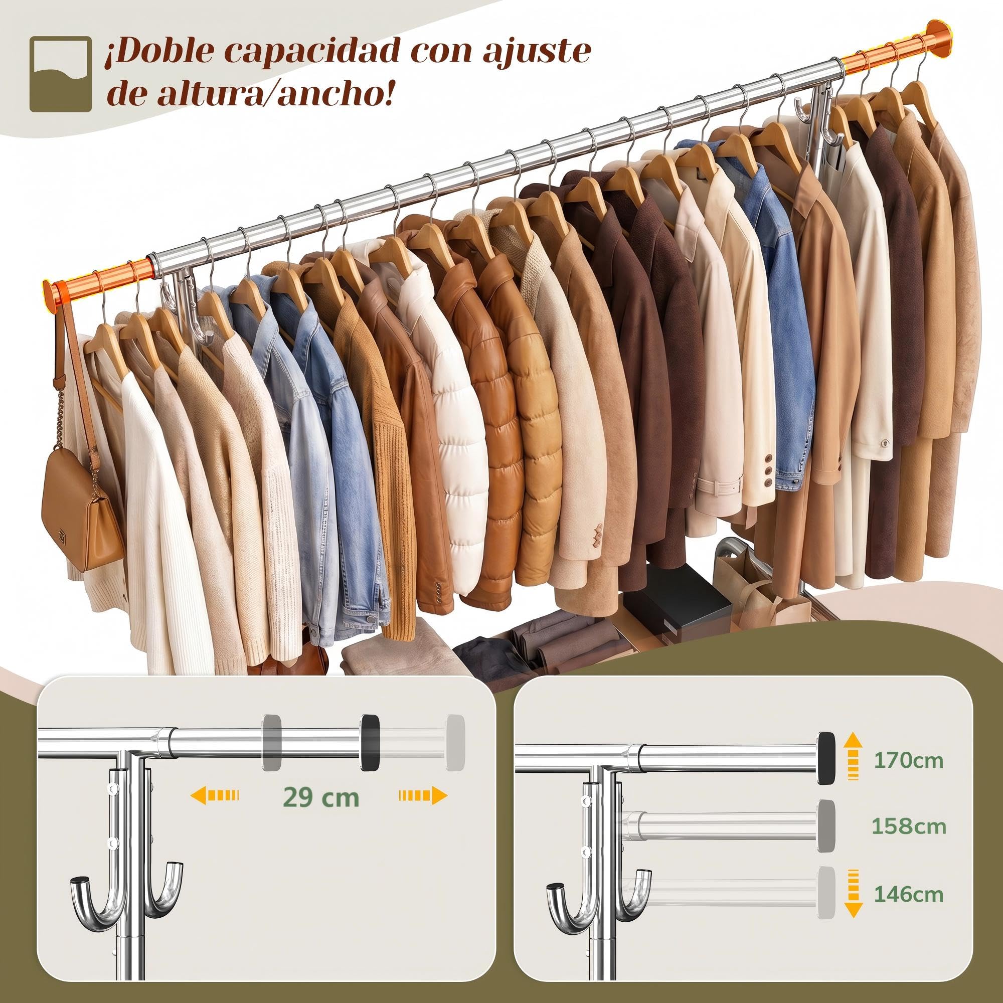 131–189cm Extensible Perchero Burro Ropa con Ruedas, Plata | 140kg Capacidad de Carga, 146-170cm Altura regulable,para Abrigos,Chaquetas de Invierno,Camisas, Dormitorio, Residencia