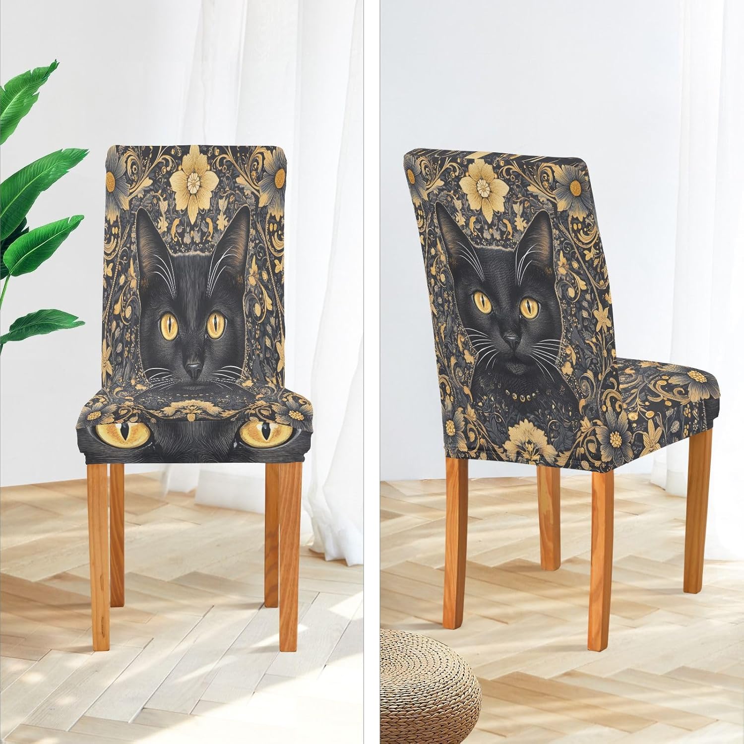 ALAZA Chair Covers for Dining Room, Black Cat Vintage Stretch Chair Cover Sets Chair Protector Removable Washable for Ktichen Restaurant Hotel