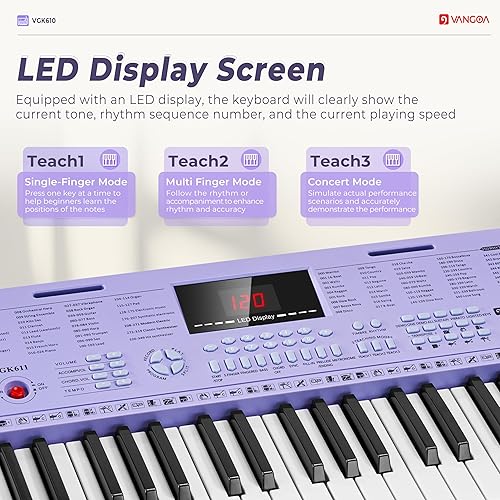 Miniatura 16 de Vangoa VGK611 - Teclado eléctrico para principiantes, teclado de música portátil de 61 teclas con mini teclas iluminadas, piano electrónico