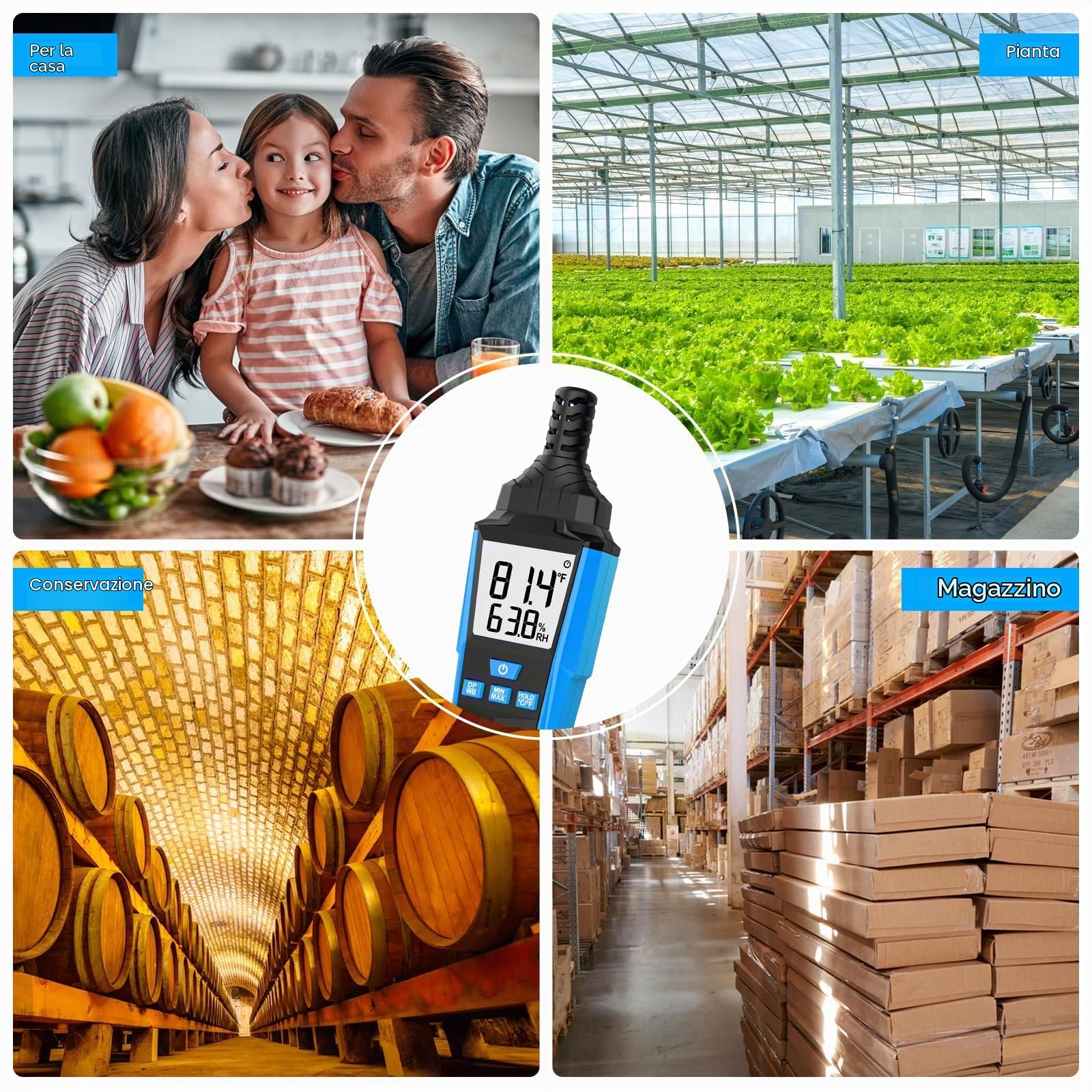 Igrometro Digitale Interni MESTEK, Termometro Ambiente Interno, Portable Monitor di Temperatura e umidometro, Punto di Rugiada e Temp di Bulbo Umido, per Industria Agricoltura in Ufficio e in casa