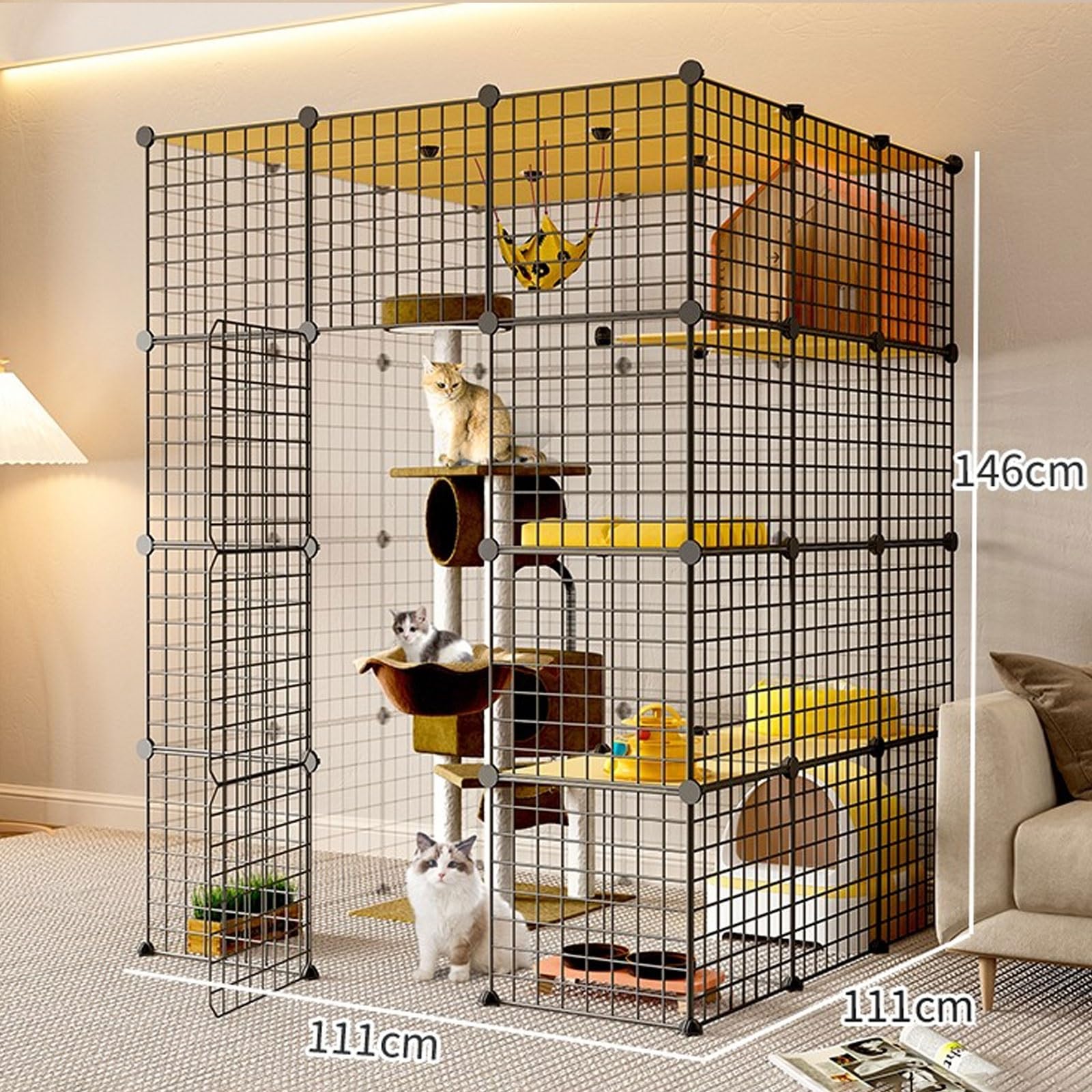 Duża wewnętrzna klatka dla kota z kuwetem, obudowa dla wielu zwierząt domowych, dla kotów, szczeniaków, fretek, jeży – łatwy montaż, konfigurowalne siedlisko zwierząt domowych