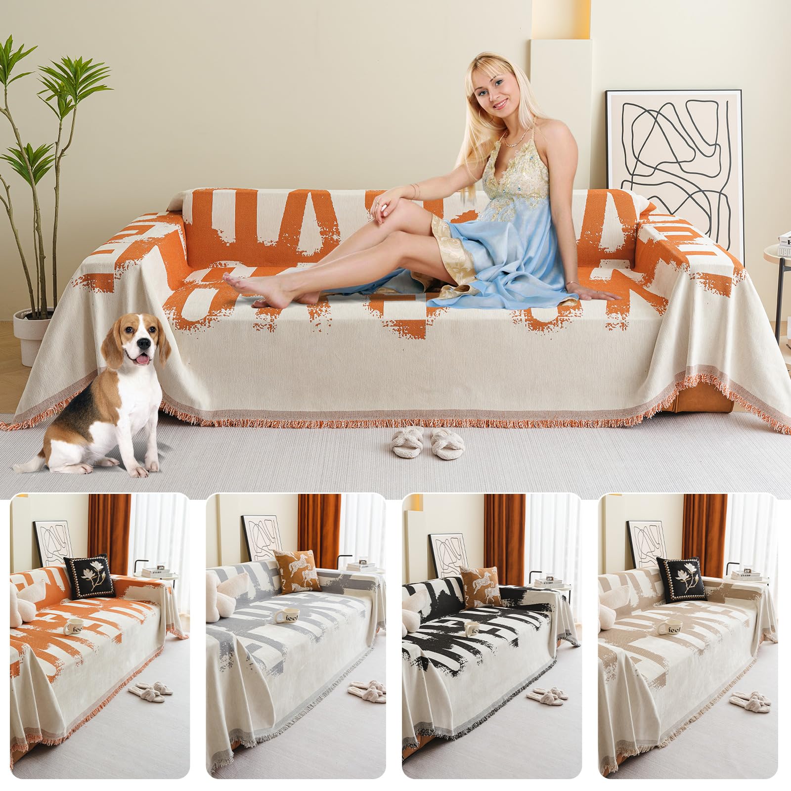 Jarapas para Sofas Suave Confort Manta Sofá Manta Decorativa Sofá Dormitorio Salón Cuatro Estaciones Tejido Borla Tela Cubre Sofa 180 * 340cm-Naranja