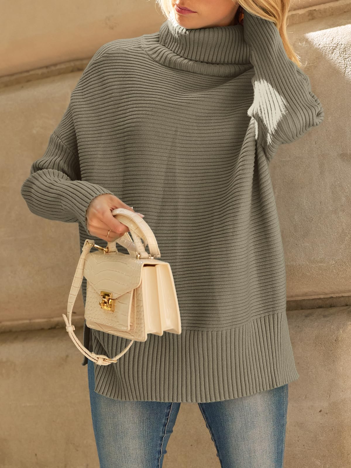 LILLUSORY Women's Oversized Turtleneck Sweaters Fall Batwing Sleeve Ribbed Tunic Sweater: Small Apricot