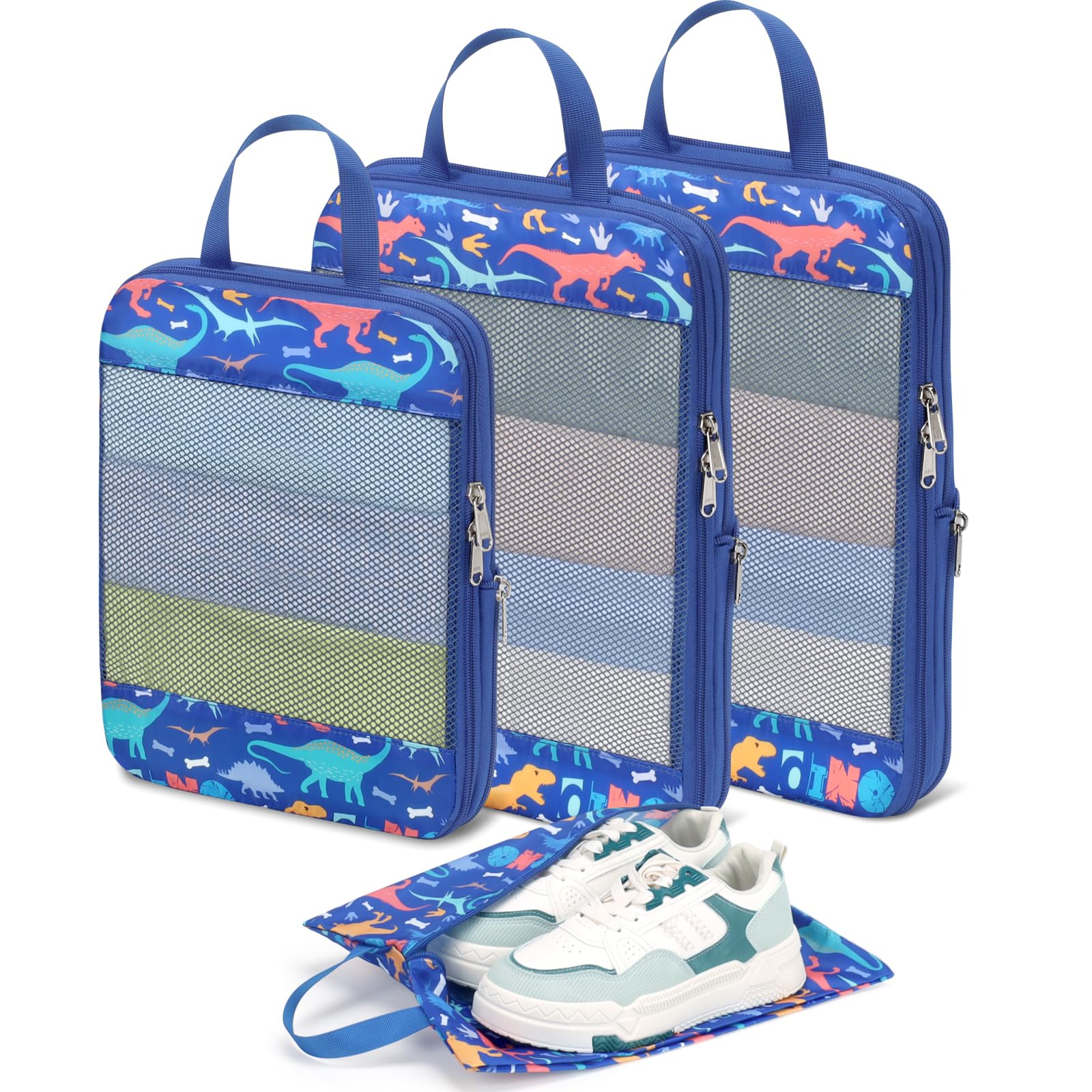 BrainyBees Kids Compression Packing Cubes, 4 Piece Set for Carry On Suitcase, Water Resistant Travel Luggage Organizers with Shoe Bag, Toddler