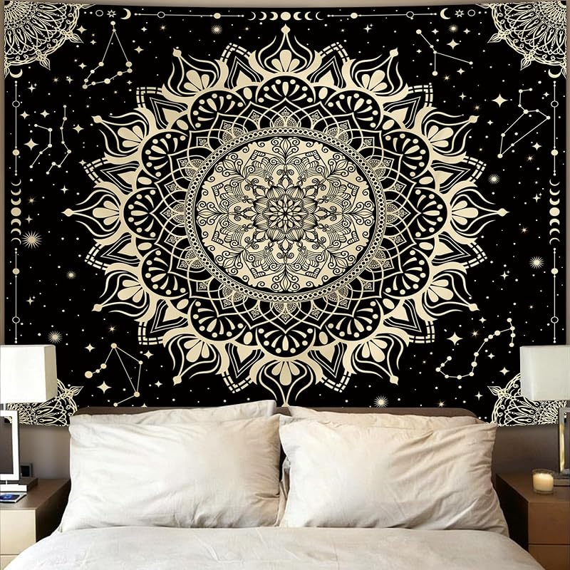 Boho Mandala Tapestry for Bedroom, Black Hippie Ceiling Tapestries | Bohemian Space Astrology Art Wall Hanging Decor, Vintage Indian Golden Blanket Tapestrys Aesthetic for Living Room 51" X 60"