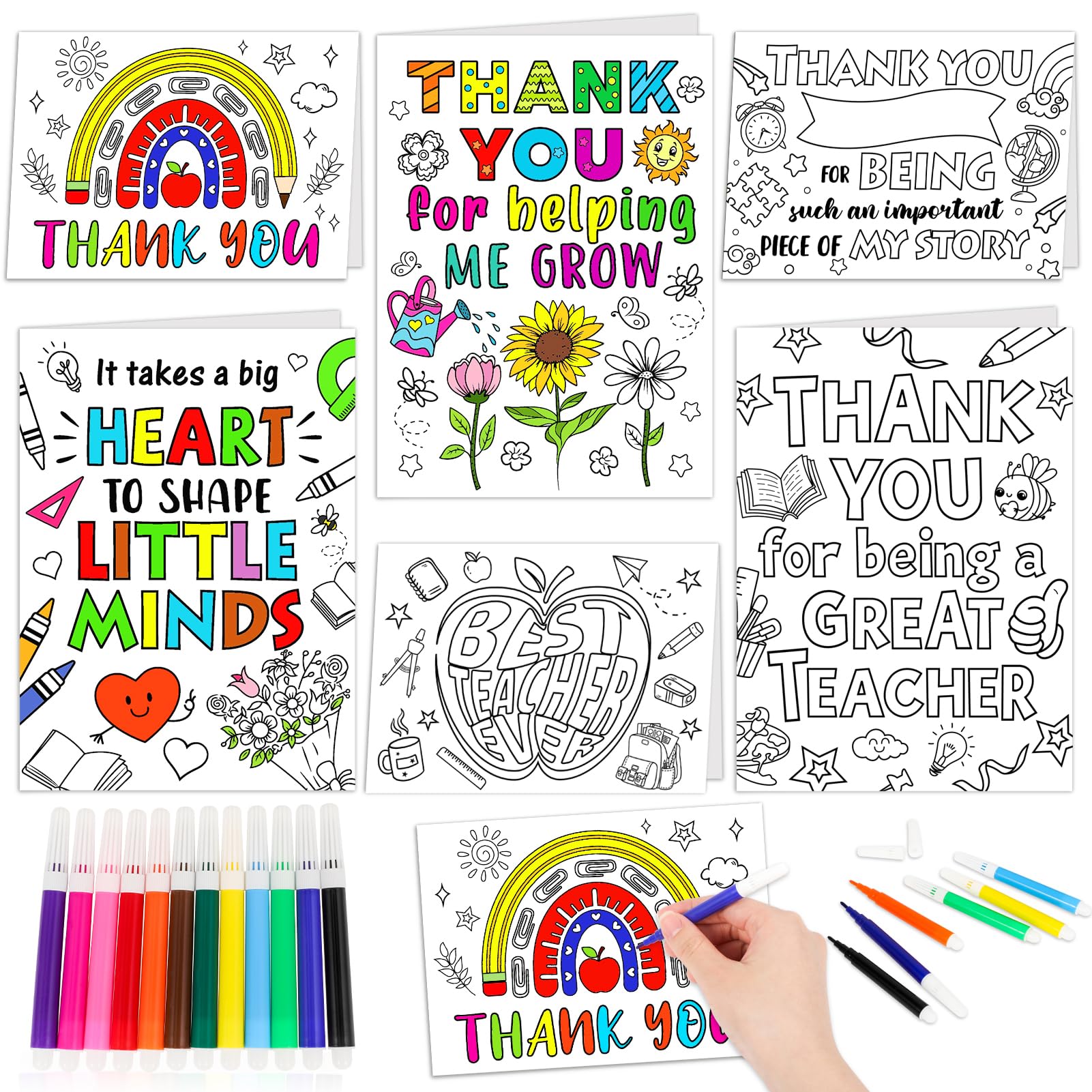 HOWAF 12 Colouring Thank You Teacher Cards with Envelopes Stickers Brush Pens, DIY Thank You Teacher Gifts for Women Men, Leaving Appreciation Gifts, D