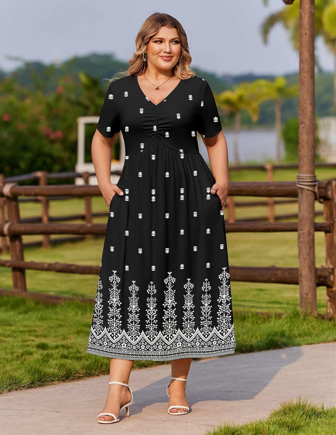IN'VOLAND Women Plus Size Short Sleeve Dress Summer Casual V-Neck Ruched Aline Midi Dresses with Pockets - Image 2