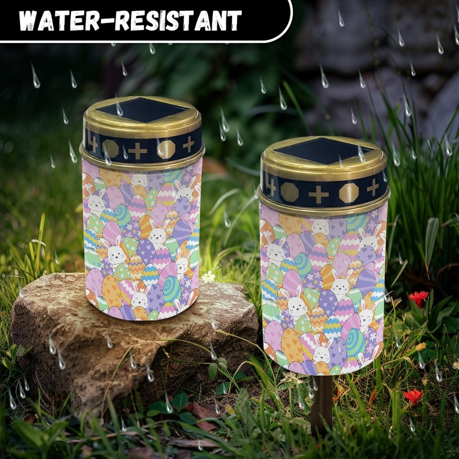 Cemtery Lights Outdoor Grave Decoration Lantern Easter Egg and Rabbit Solar Garden Stake Lights Flameless Warm White Lights for Grave Cemetery Solar Lights Outdoor Waterproof Stoplights