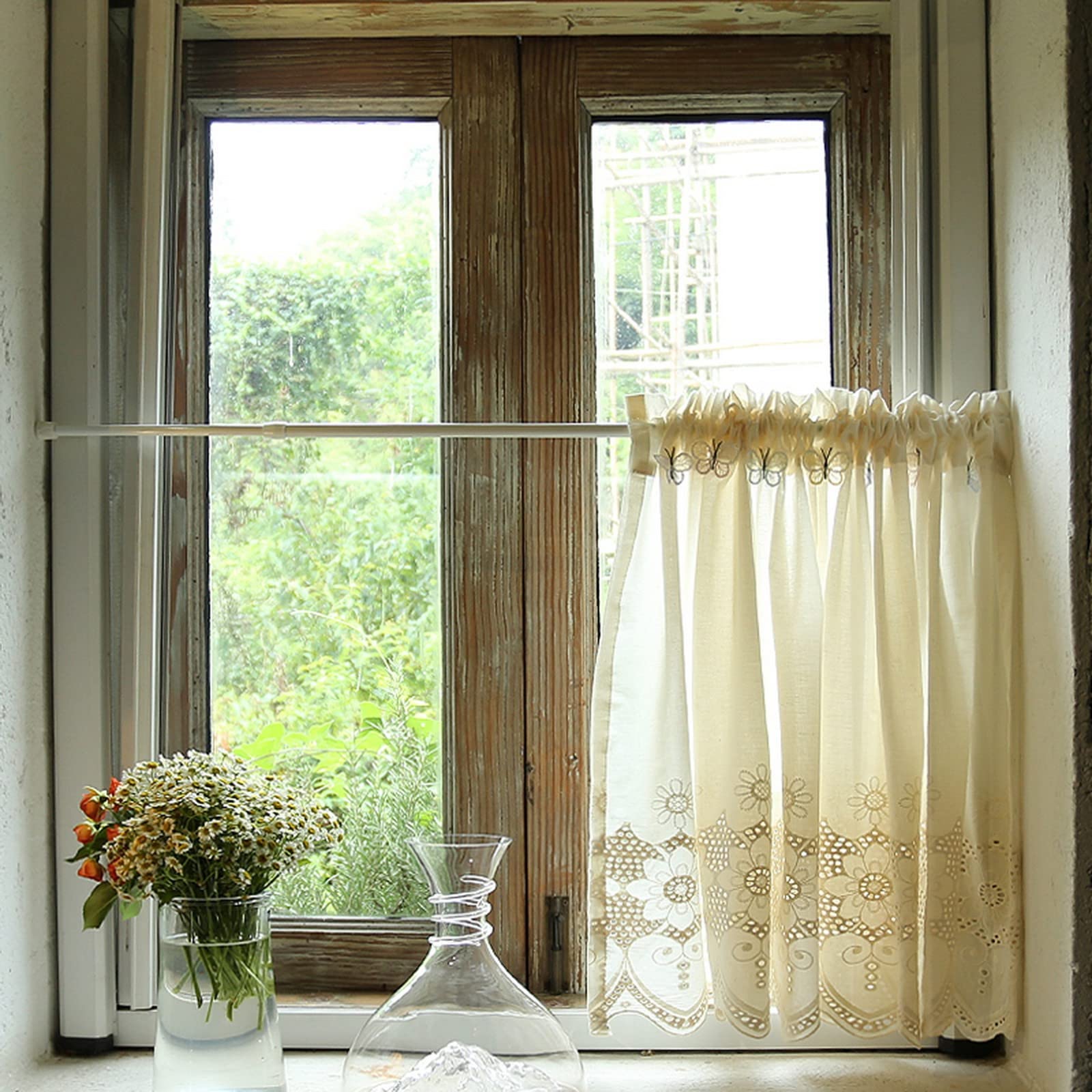 A.Monamour Rideau De Cuisine Court Broderie Florale Beige - 60x150 Cm - Demi-Rideau Brise-Bise Rural Cottage