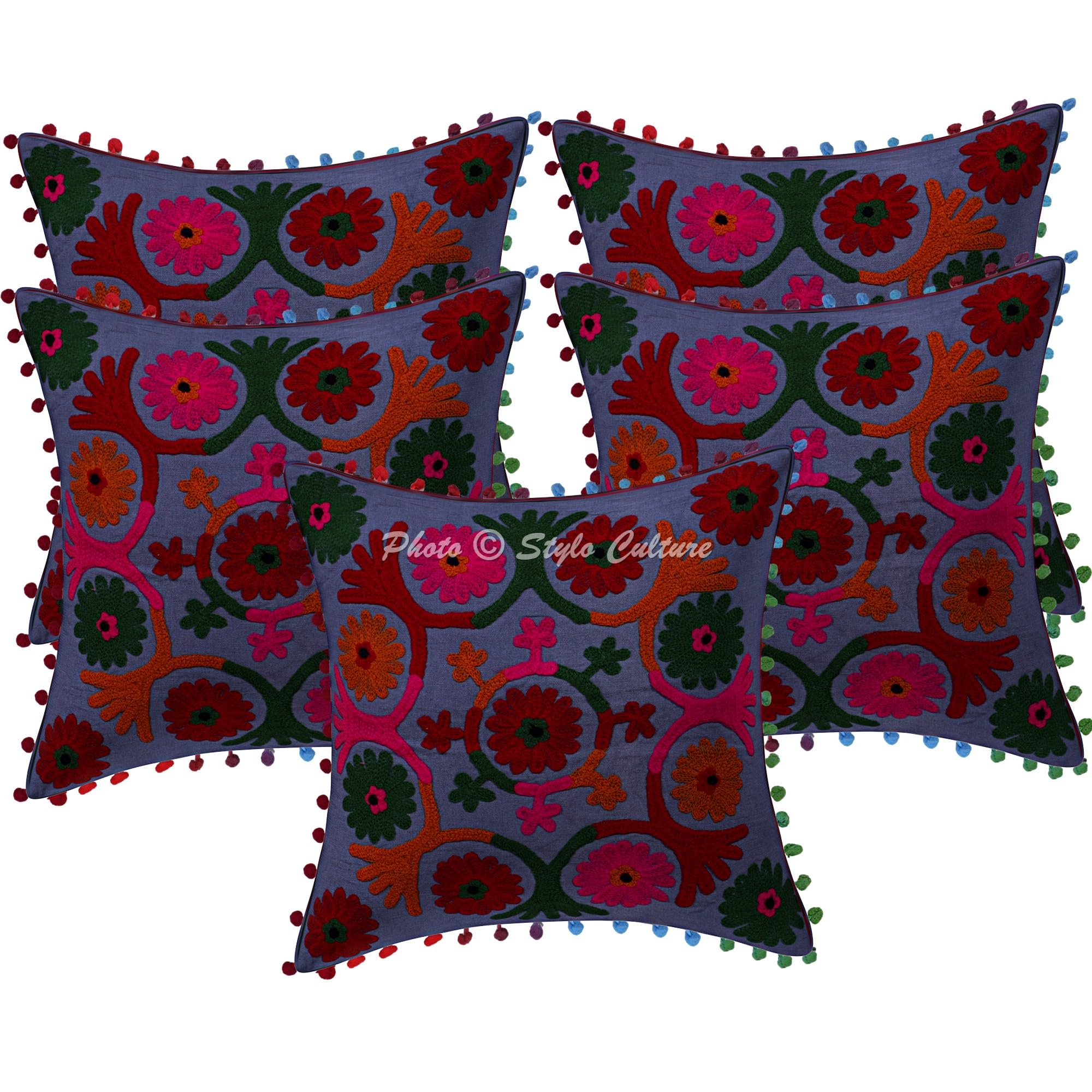 Indische Dekorativ Baumwolle Sofa Kissenbezüge 40x40 cm Grau Dekokissen Suzani Bestickte Pom-Pom-Spitze Wohnzimmer Couch Kissenhullen Blumen Quadrat Reißverschluss Kissen Bezüge - 5 Stk.