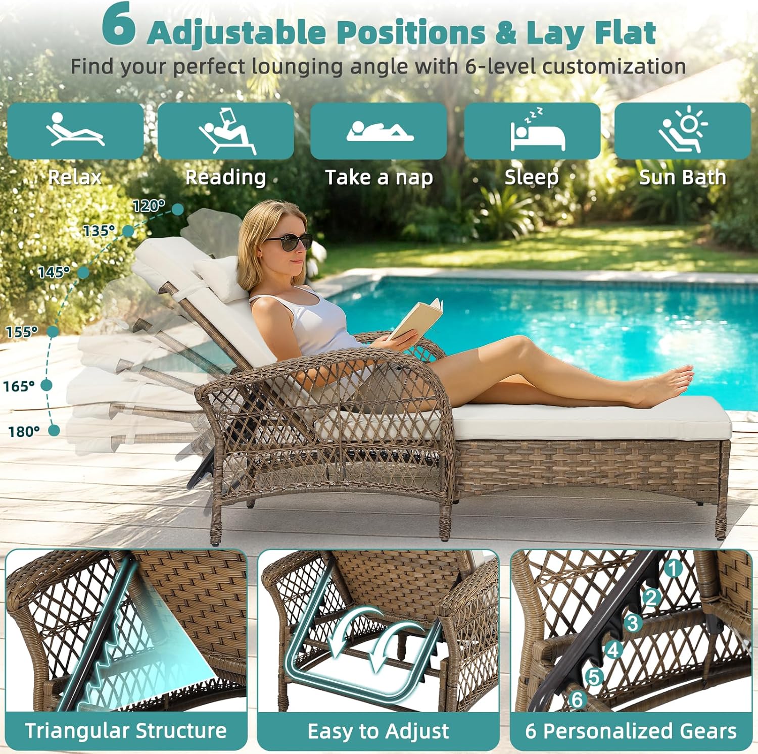 MEETWARM Outdoor Wicker Chaise Lounge Chair Set of 2, 77" Long All Weather PE Rattan Patio Lounge Chair, 6 Position Adjustable Pool Reclining Sunbathing Chair for Outside, Armrest & Head Pillow, Beige