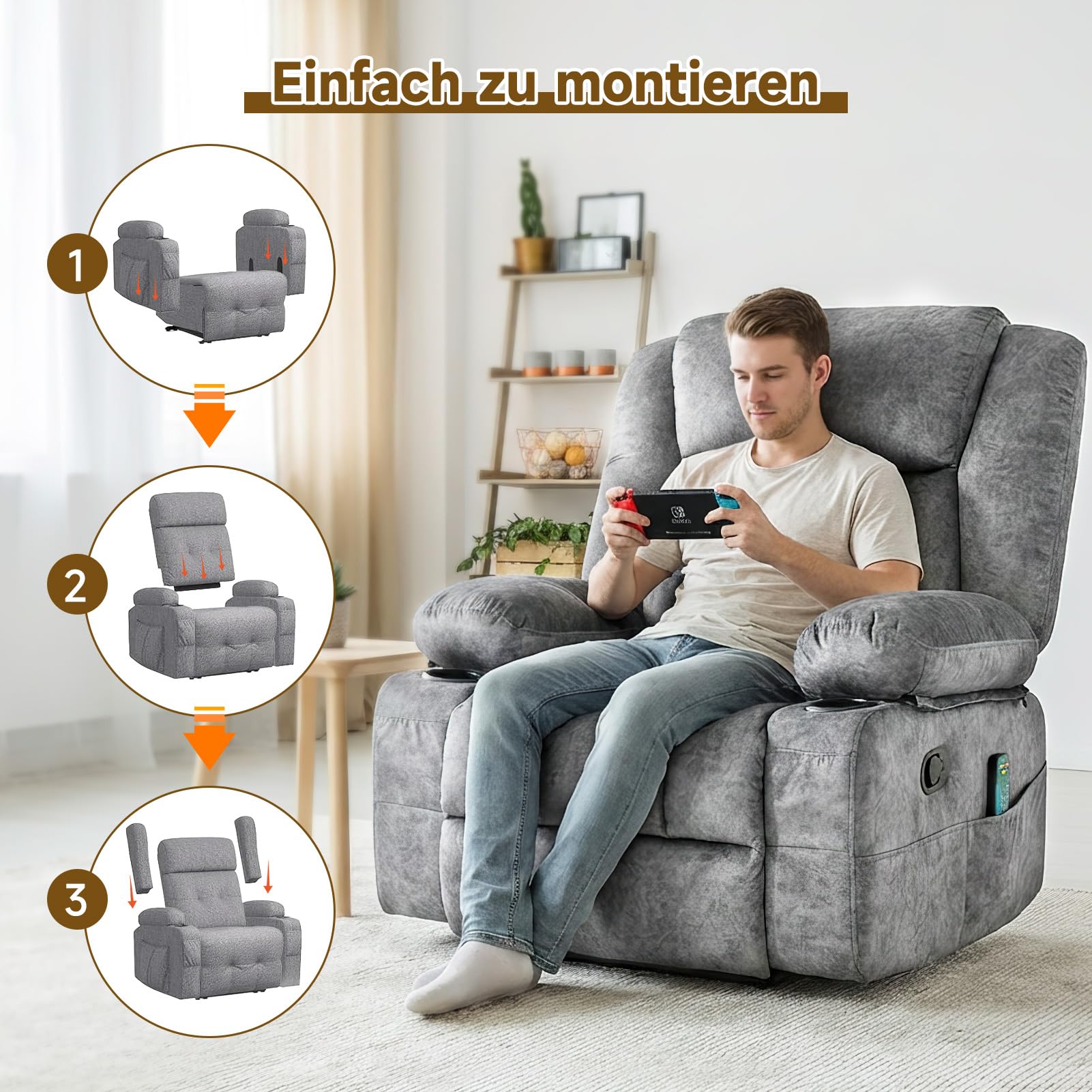 HAUSPROFI Fernsehsessel mit Wärme und Massage, Relaxsessel mit Liegefunktion, TV Sessel Wohnzimmer 360° Drehbarer mit 6 Seitentaschen Getränkehalter, Elektrisch Verstellbar Massagesessel, Grau