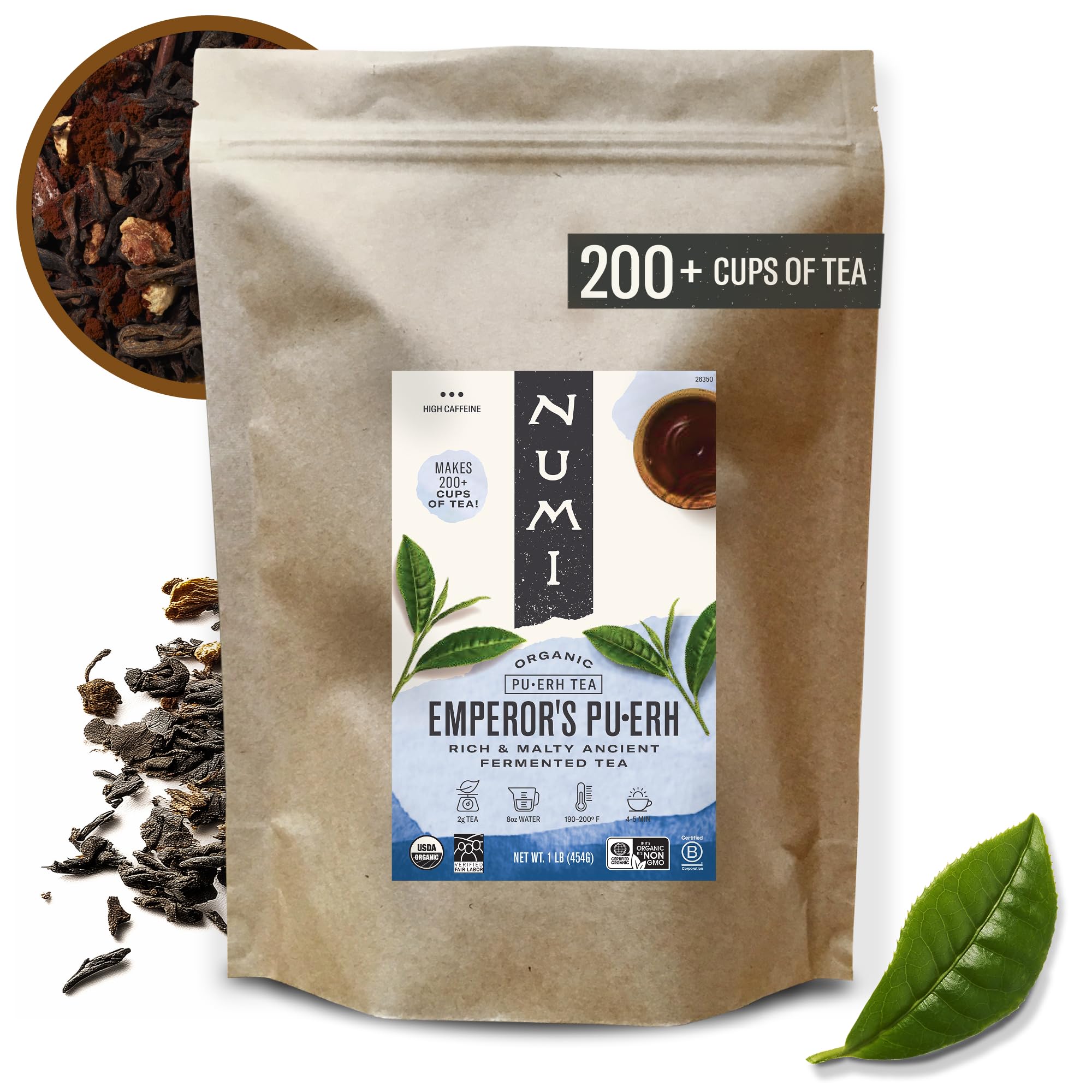 Numi Organic Emperor’s Pu-erh Tea Loose Leaf, Aged Yunnan Caffeinated Black Tea, 16 oz Bulk Pouch, Smooth Earthy Bold Flavor, Brews 200 Cups