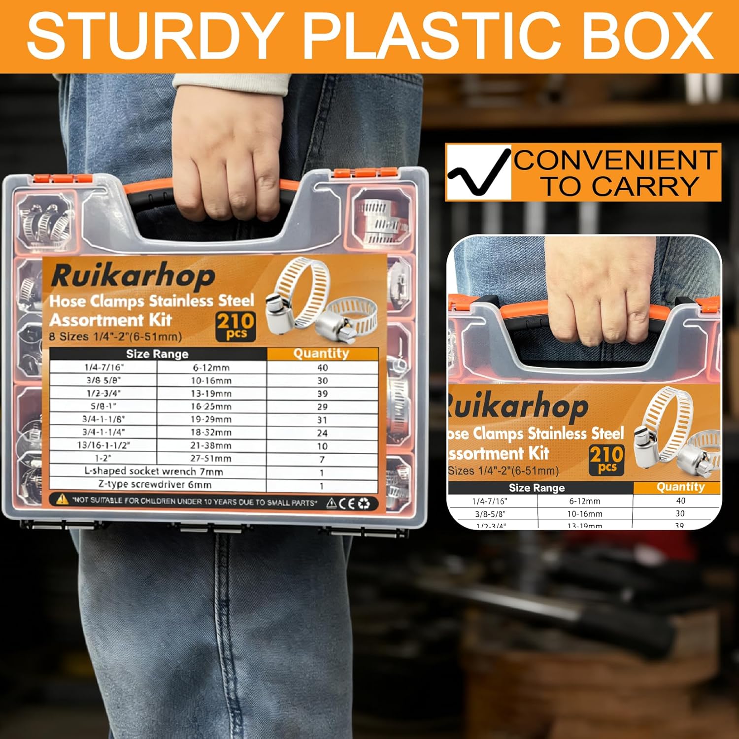 210PCS 304 Stainless Steel Hose Clamps Assortment Kit 1/4"–2" Worm Gear Hose Clamp for Radiator,Heater,Automotive,Mechanical Applications,Pipe,Tube,Coolant,Garden