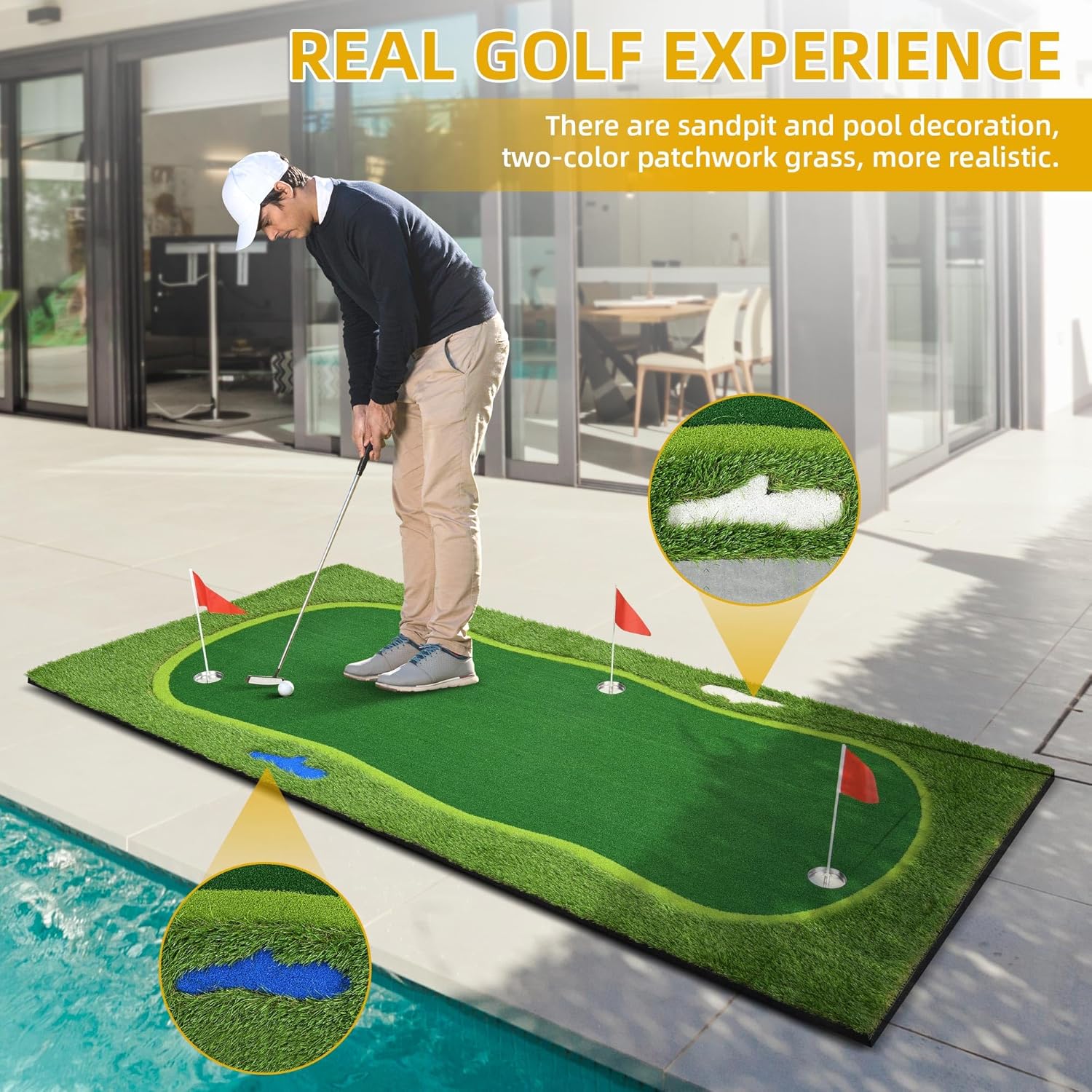Golf Putting Green, Professional Grade Large Realistic Training Aids with Sand Pit and Water Hazard for Indoor Outdoor, 3 Flags 3 Metal Cups