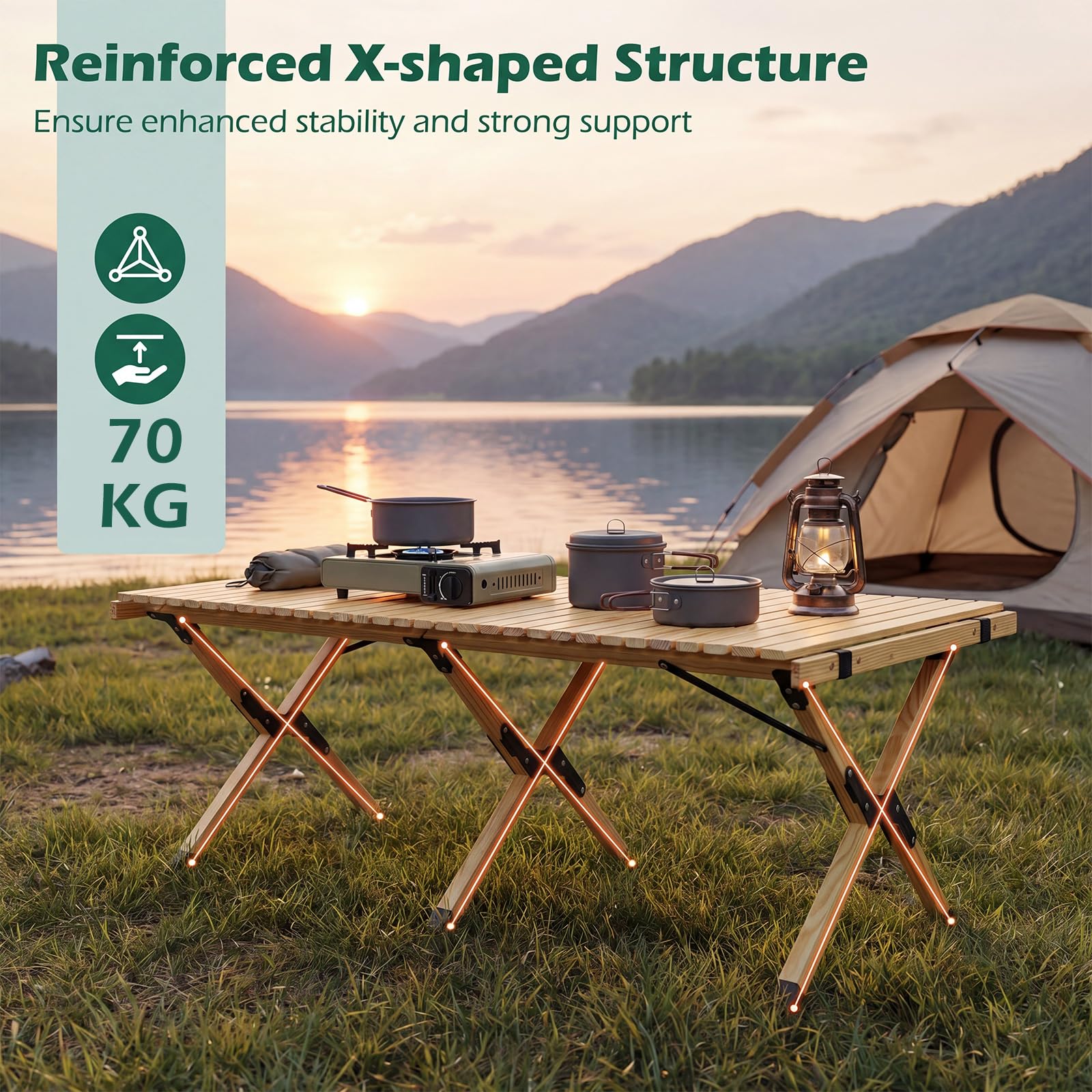 HOMASIS Campingtisch klappbar, tragbarer Klapptisch für 4-6 Personen, rollbarer Picknicktisch aus Kiefernholz mit Tragetasche, Outdoor Falttisch für Reisen, Grillparty, Picknick, Garten, Strand