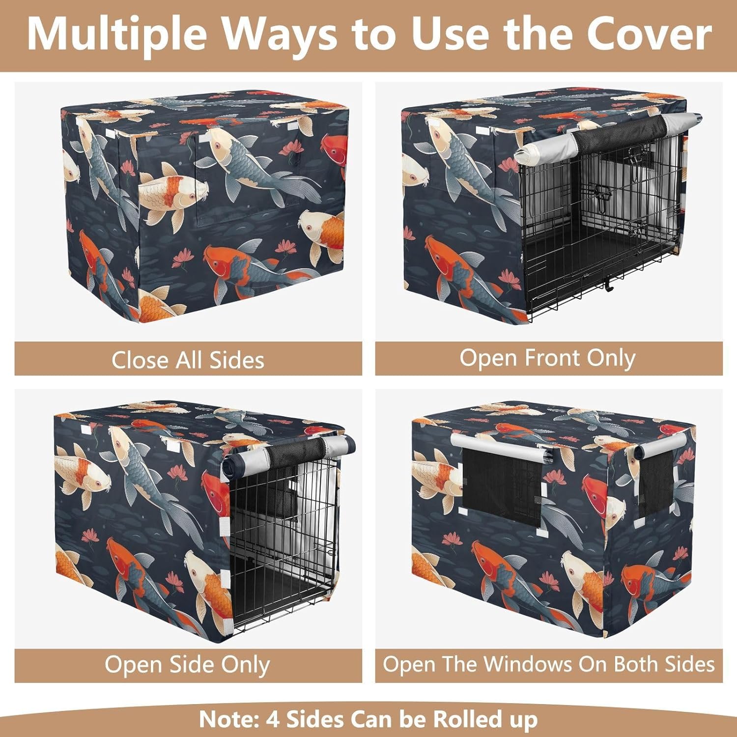 Various Koi Fishes Dog Crate Covers Windproof, S-XL Water-Resistant Cage Cover for Puppies Training, Large