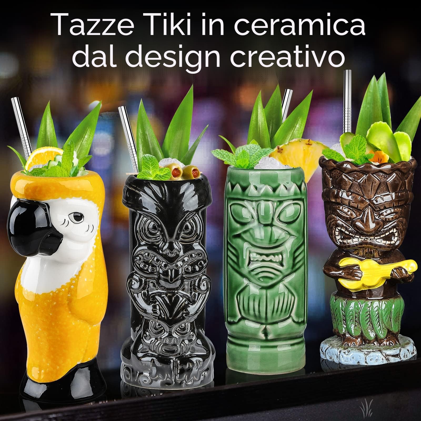 Tiki Bicchieri per cocktail Tiki Set di 4 tazze tropicali in ceramica Hawaiian Tiki Party Creative Cocktail Bicchiere Bevande Grande Bar Drinkware Premium Tropicale Esotico Carino Barware