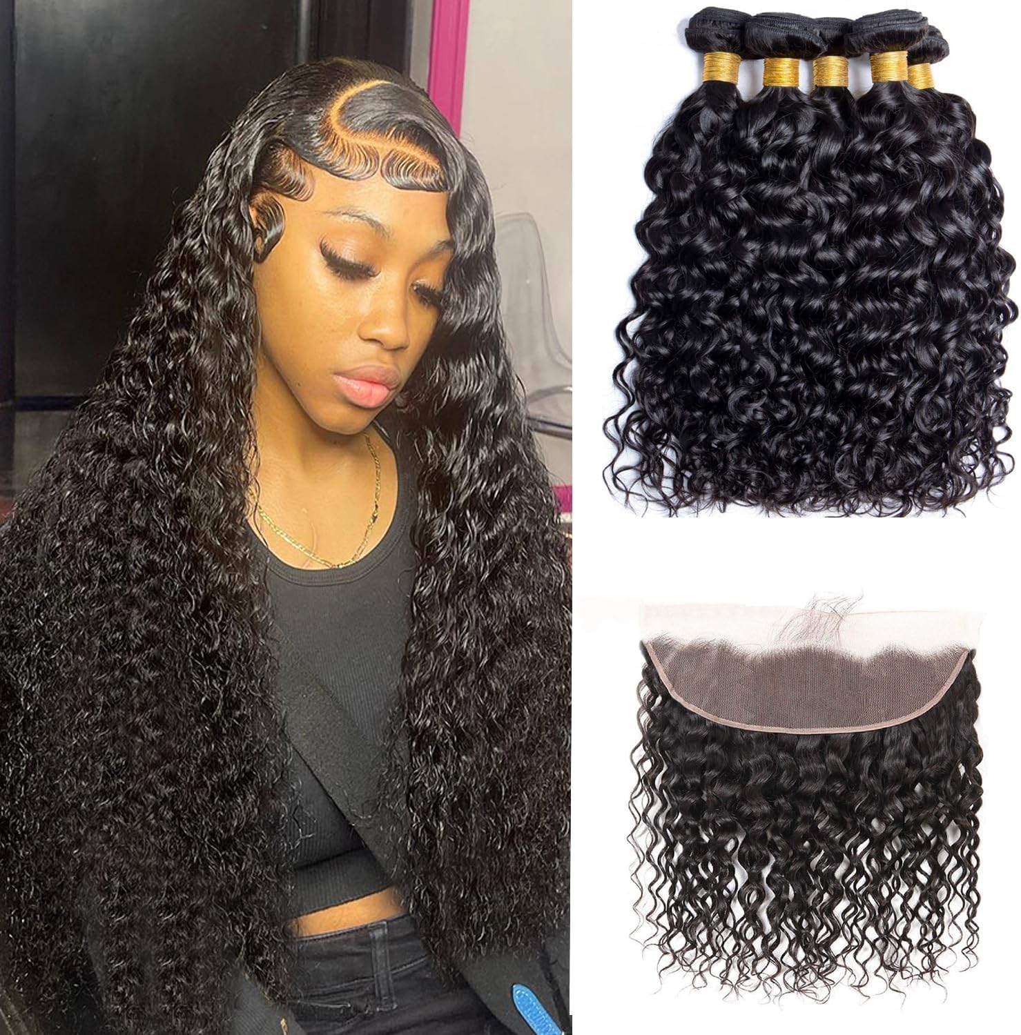 Water Wave 3 Bundles with Frontal 13x4 Ear to Ear HD Lace Frontal with Bundles 100% Unprocessed Brazilian Remy Virgin Wet and Wavy Human Hair Bundles with Frontal Natural Color (14 16 18+14)