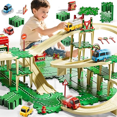 Miniatura 11 de Puzzle Racer - Juego de pistas de autos para niños, pistas de carreras de 4 niveles para niños de 3 a 5 años con 3 autos, piezas de tráfico