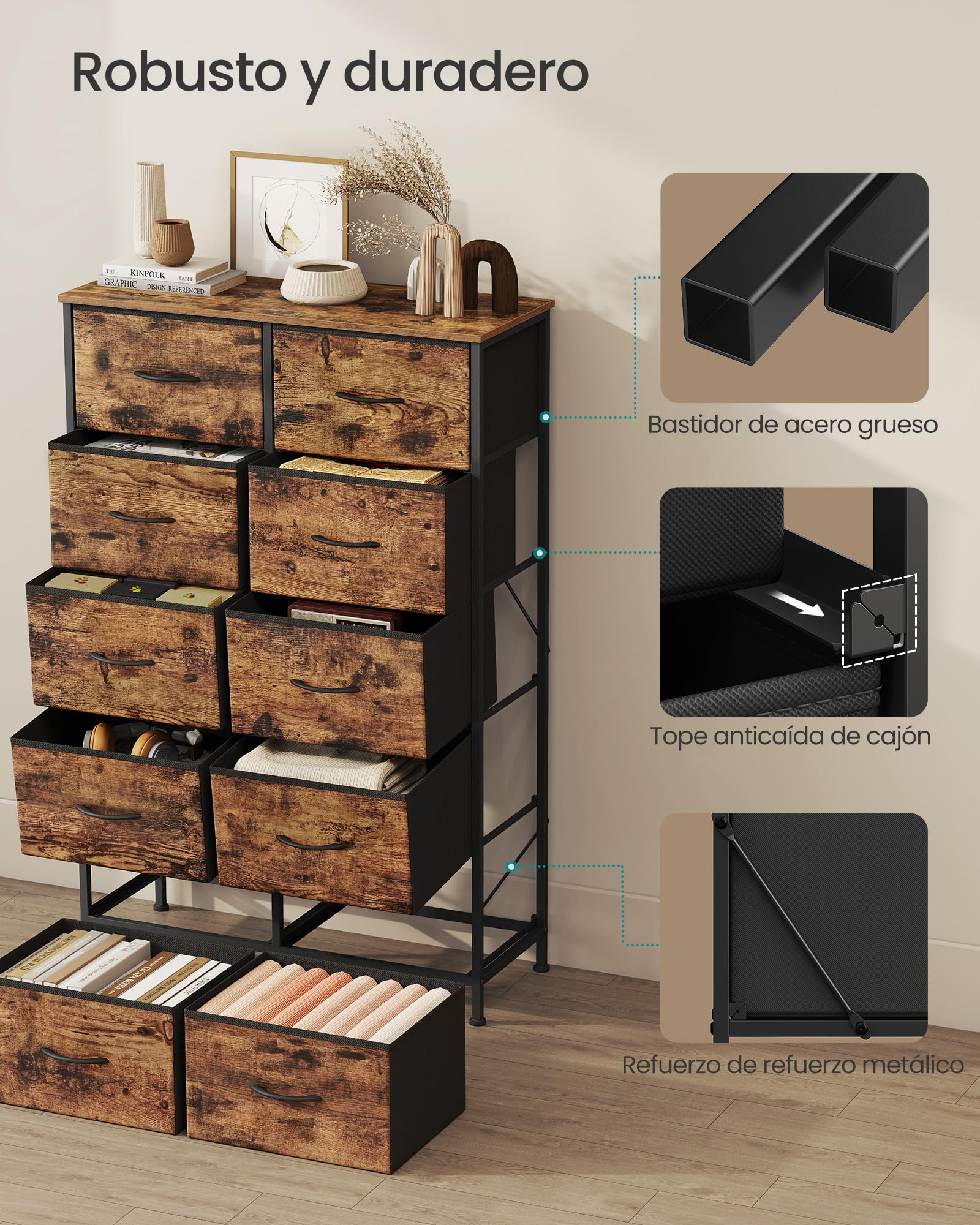 SONGMICS Cómoda, 10 Cajones, Acero | Cómoda para Dormitorio, Armario, Pasillo, Salón, Marrón Rústico y Negro Tinta, Colección BELLAH LGS125BH04