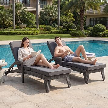 Chaise Lounge Chairs Set of 2, Upholstered 5-Positions Adjustable Lounge Chairs, Wicker Outdoor Long Reclining Chaise Lounge Set Pool Lounge Chairs with Wheels for/Deck/Beach/Yard, Grey