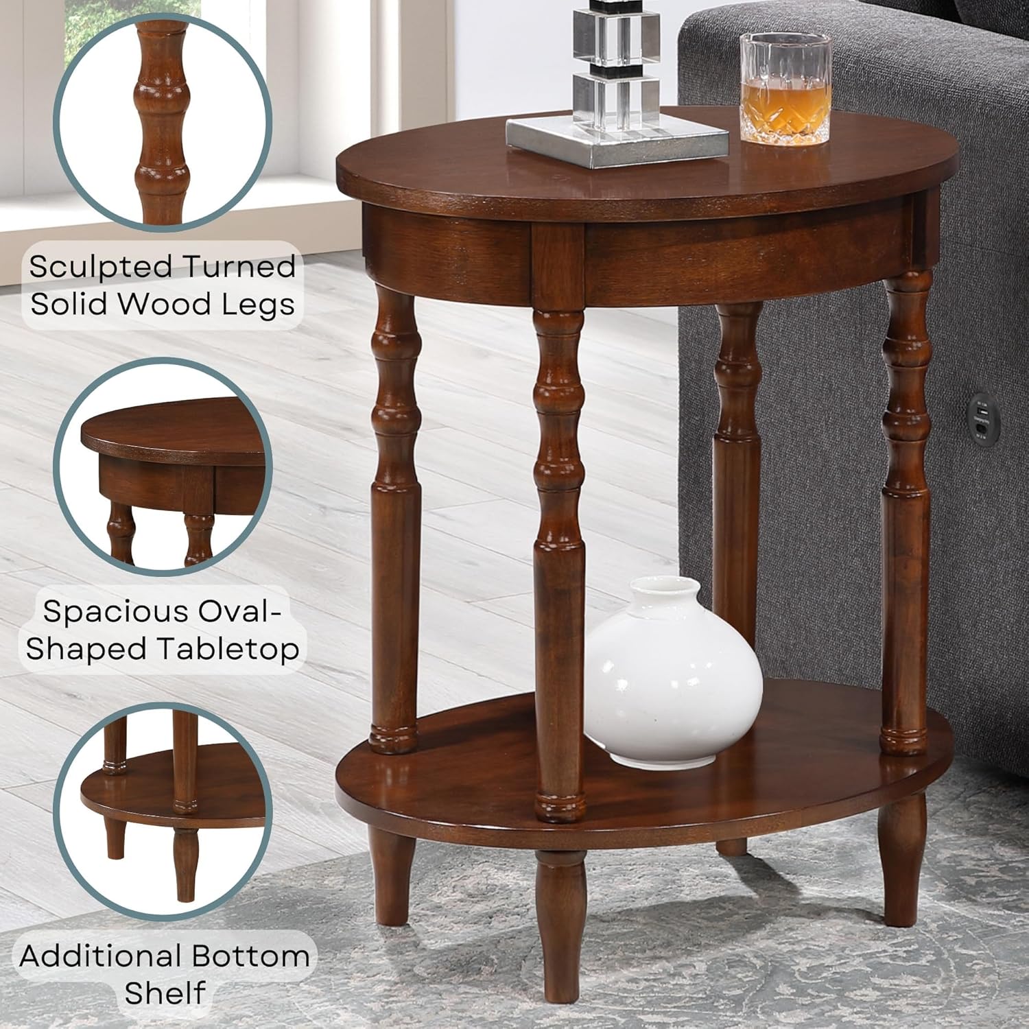 Pemberly Row Contemporary Oval End Table, Solid Wood and MDF, Black Wood Finish, 24 in H x 19.75 in W x 15.75 in D, Spindled Legs, Bottom Shelf, Living Room Accent Table