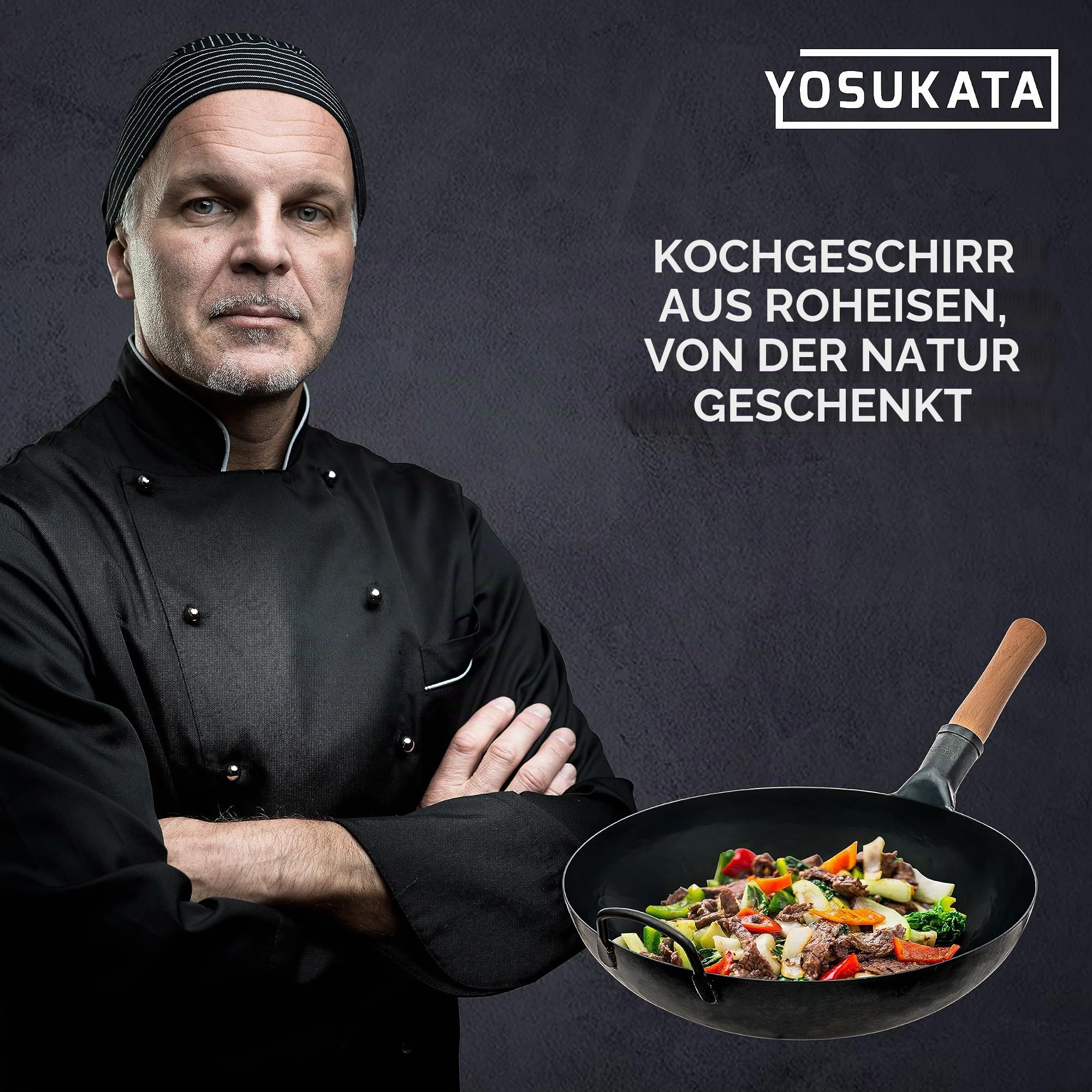 YOSUKATA Karbonstahl Wok 34 cm + Wok-Deckel 32,5 cm - Edelstahl-Wokdeckel