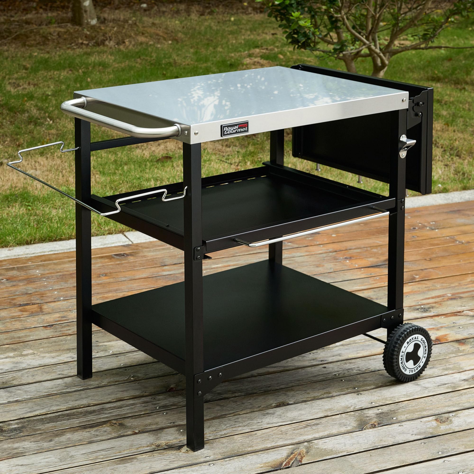 Royal Gourmet Postre Exterior para Plancha, 3 estantes Carro para Barbacoa con Mesa de Acero Inoxidable 70 x 50 cm y Mesa Auxiliar Plegable de 30 x 50 cm, Apto para Cocina y jardín