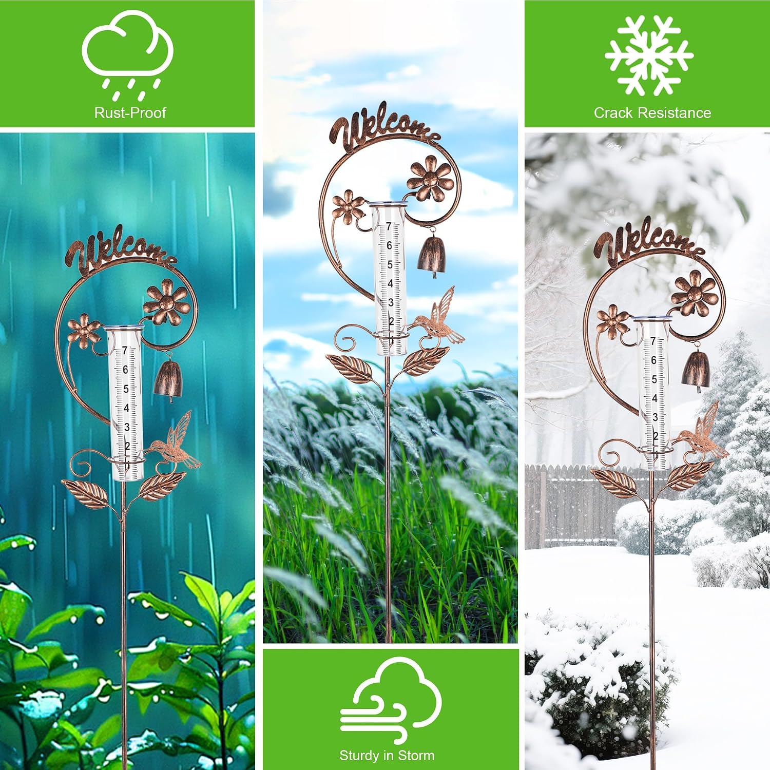 Rain Gauge Outdoor,Hummingbird Rain Gauges with Bell Design,Decorative Large Number Plastic Tube Freeze Proof Metal Rain Measure Water Gauge Welcome Sign for Garden Yard