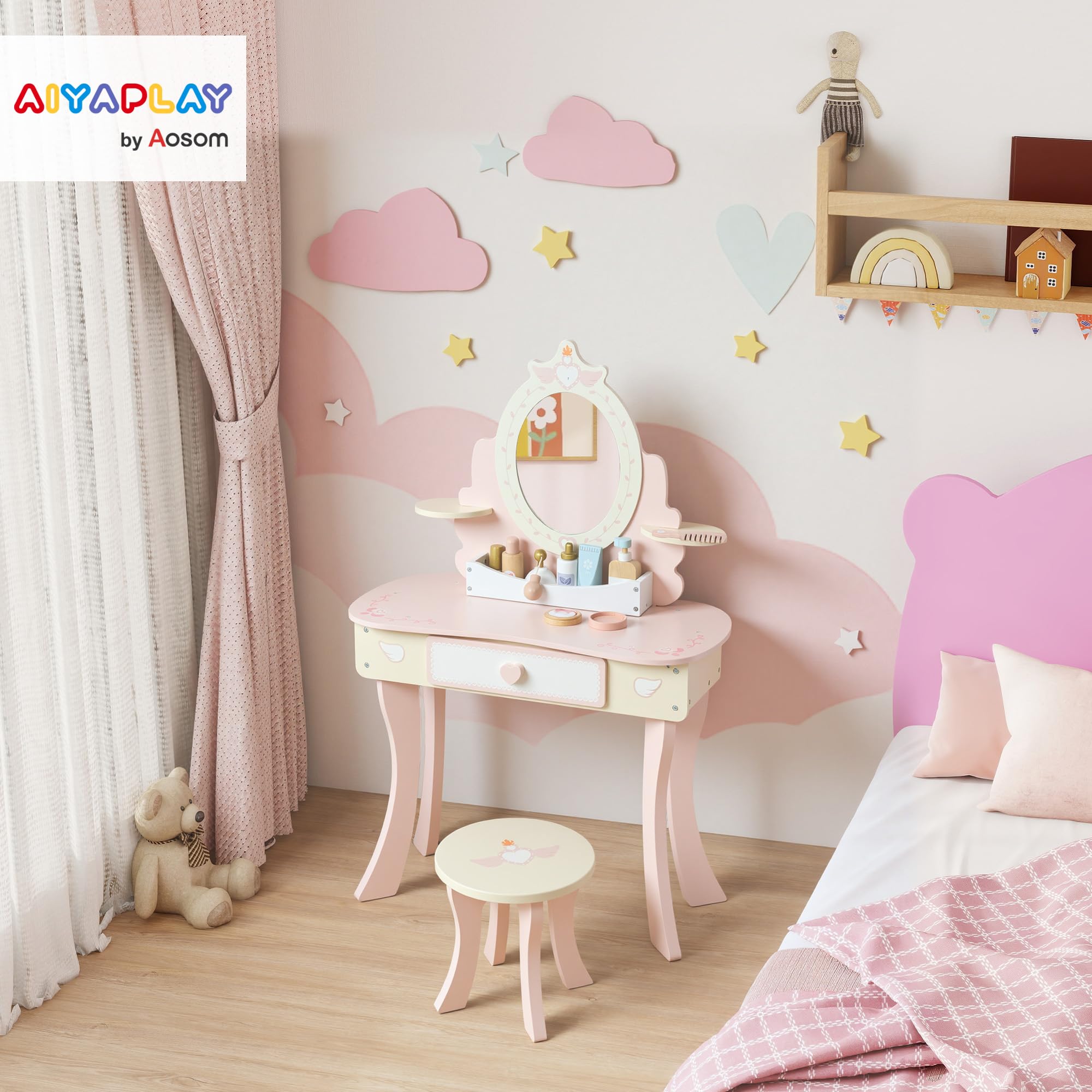 AIYAPLAY Schminktisch Kinder, 2-in-1 Kosmetiktisch mit abnehmbaren Spiegel, Schublade, Hocker, Regal, 7-teiligem Spielzubehör Schminktisch-Set für Kinder ab 3 Jahre, Rosa