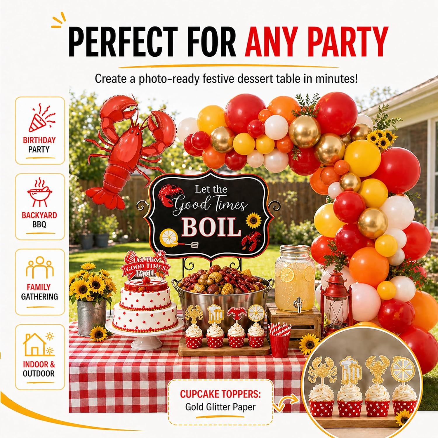 Crawfish Boil Party Decorations, Lobster Crab Seafood Boil Theme Party Supplie Kit, Summer BBQ Picnic Crawfish Let the Good Times Boil Backdrop Balloon Garland for Crawfish Shrimp Boil Party Decor Kit