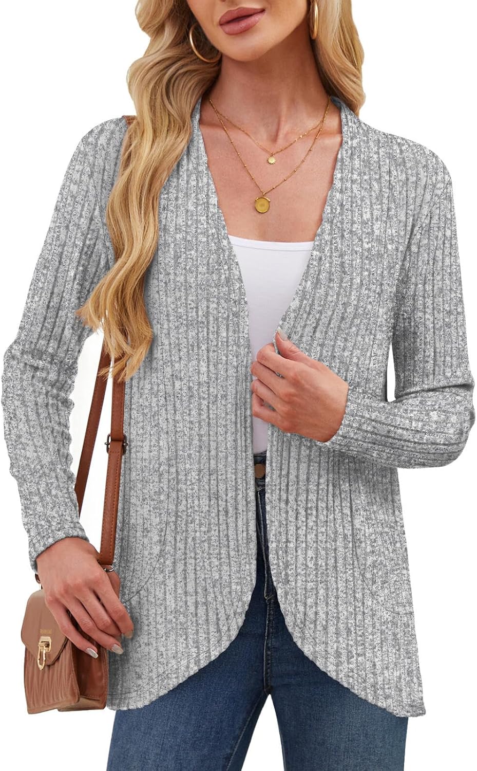 DouBCQ Womens Long Sleeve Cardigan Lightweight Casual Open Front Ribbed Knit Sweater Cardigans - Image 3