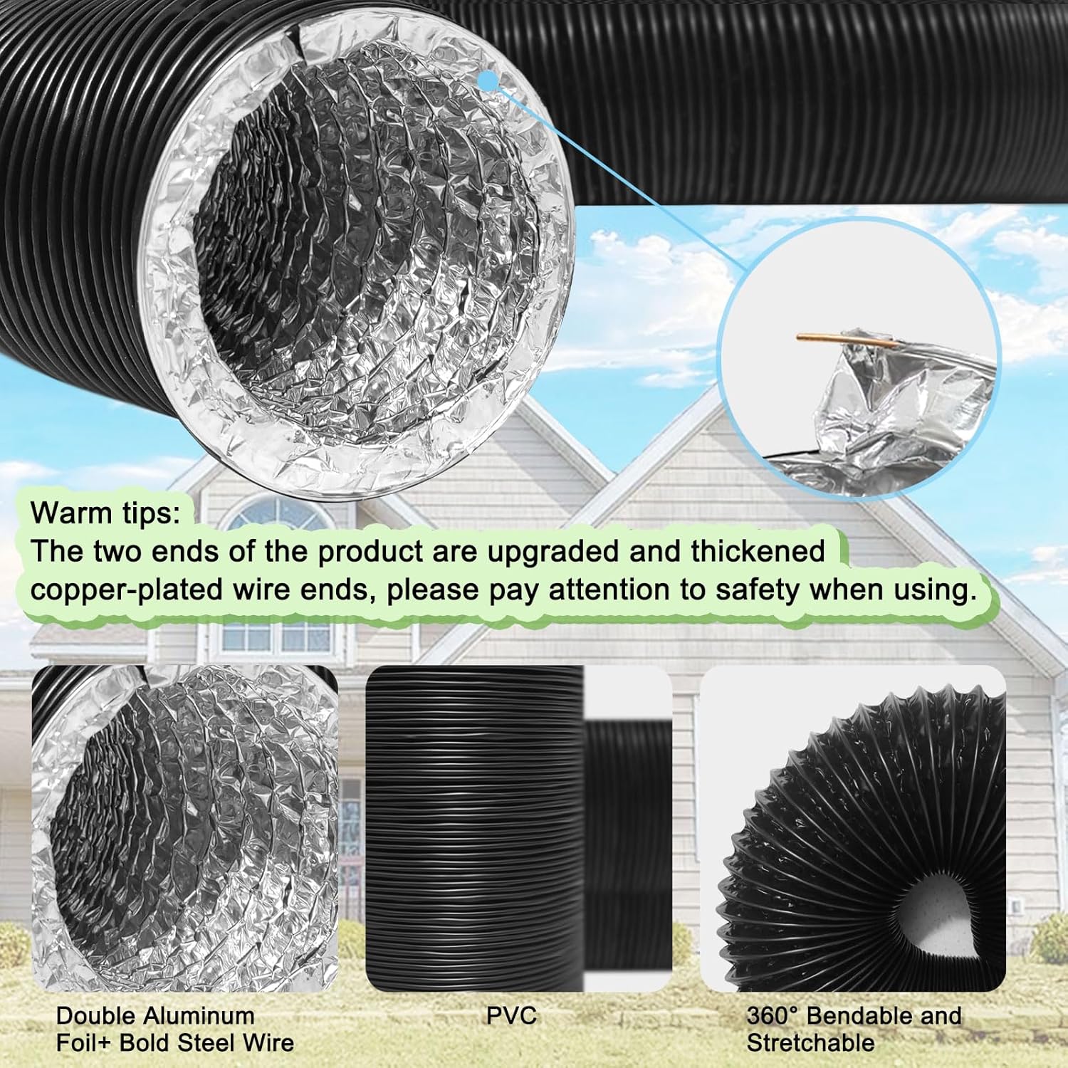 4In Dryer Vent Cover Outside with Hose (4In*8Ft) and 2 Clamps, Upgrade Flexible Aluminum Vent Duct, Heat-resistant Dryer Vent Connection Kit for Wall Exhaust Vent, RV or Warm House Air Circulation