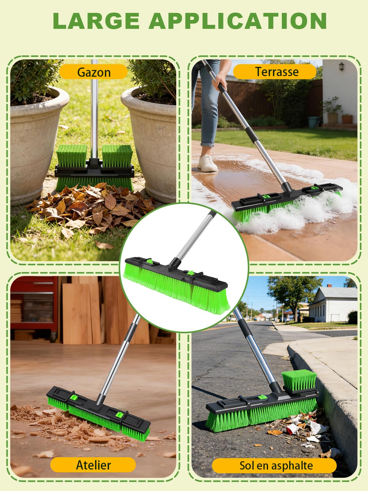 18 Pouces/45cm Grand Large Réglable Résistant Balai à Pousser Extérieur Tête de Brosse Rigide avec Manche Fileté à 4 Sections 152cm pour Entrepôt Allée Garage Terrasse Trottoir Atelier Nettoyage