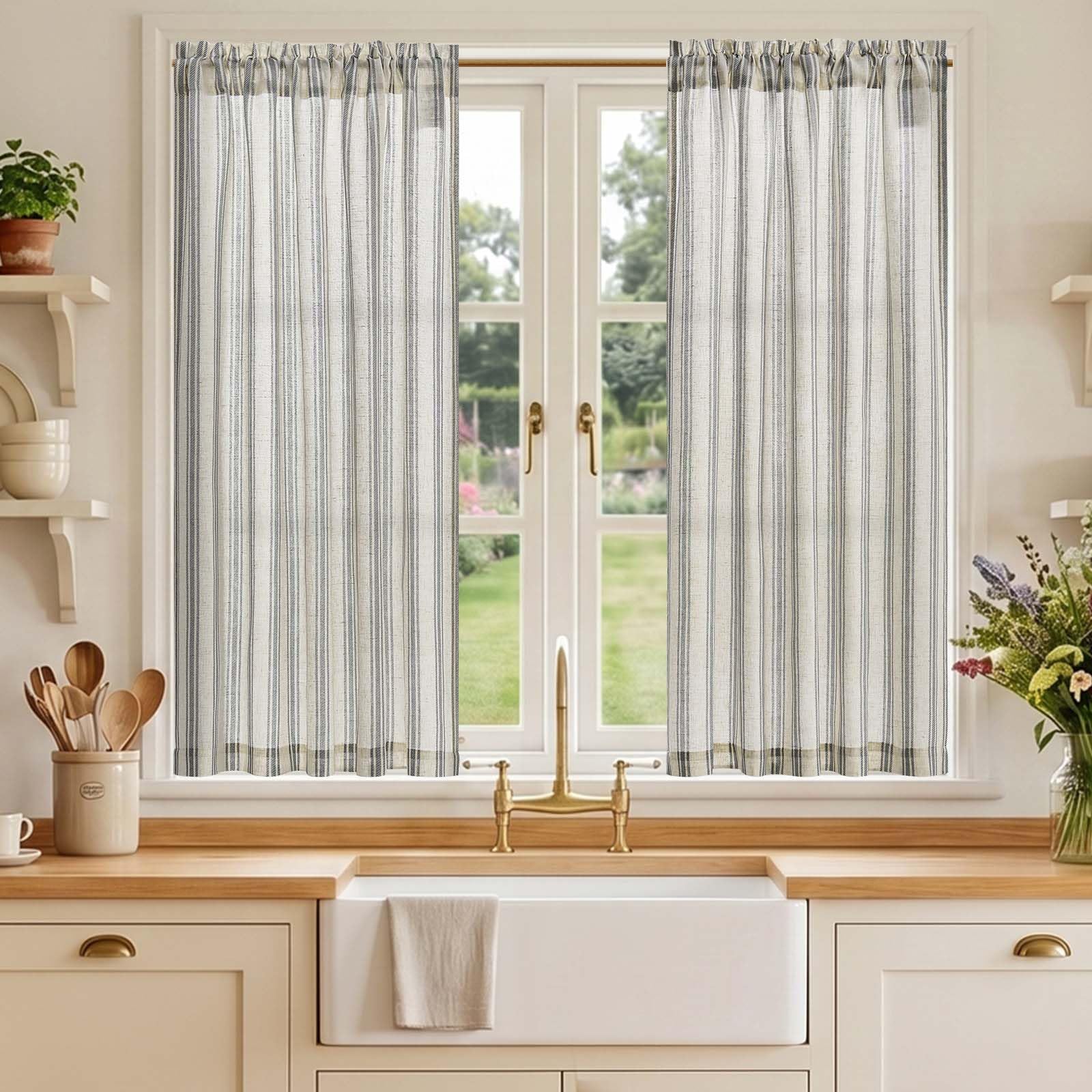 TOPICK Linen Look Kitchen Curtains, Cafe Curtains, W36 xL45 Black Striped โ image 1