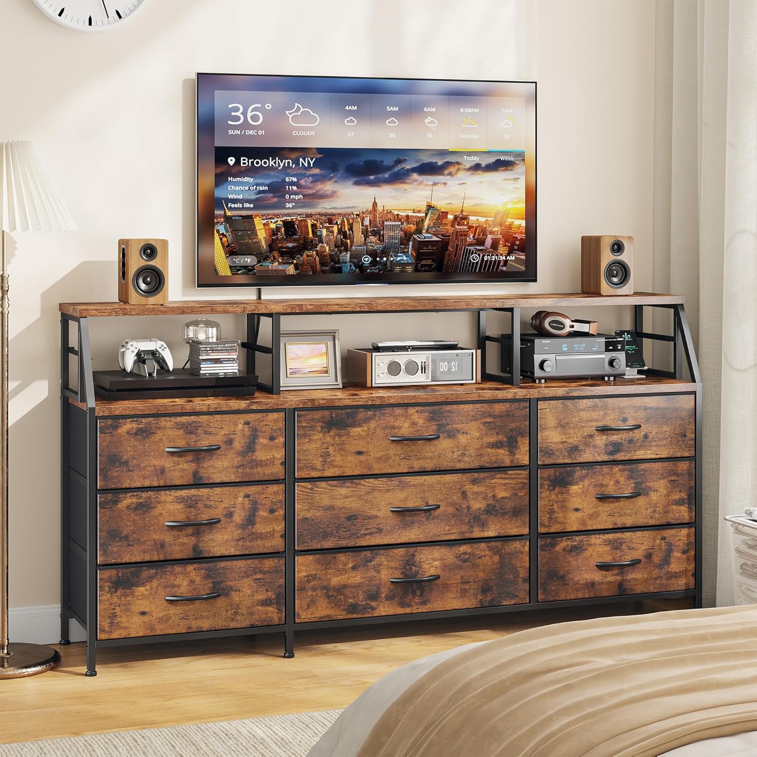 Dresser for Bedroom with Fabric Drawers, 55" W TV Stand Dressers & Chests of Drawers, Sturdy Entertainment Center with Wooden Shelves for 45 55 65 Inch TV, Wood Grain Finish, Rustic Brown