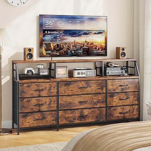 Homkdom Dresser for Bedroom with Fabric Drawers, 55" W TV Stand Dressers & Chests of Drawers, Sturdy Entertainment Center with Wooden Shelves for 45 55 65 Inch TV, Wood Grain Finish, Rustic Brown