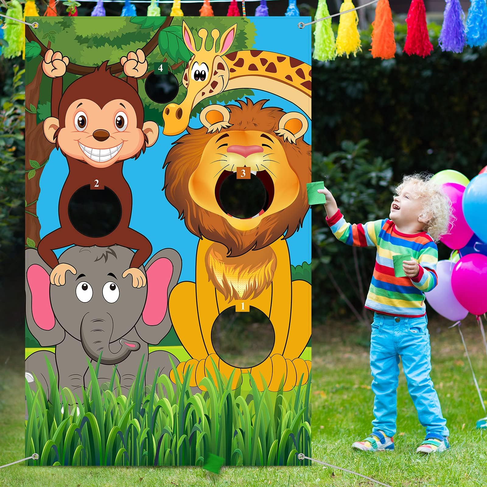 Tatuo Safari Animals Toss Games Banner with Bean Bags Jungle Wild Animals Backdrop Zoo Photo Background Funny Toss Game for Kids Birthday Party Supplies