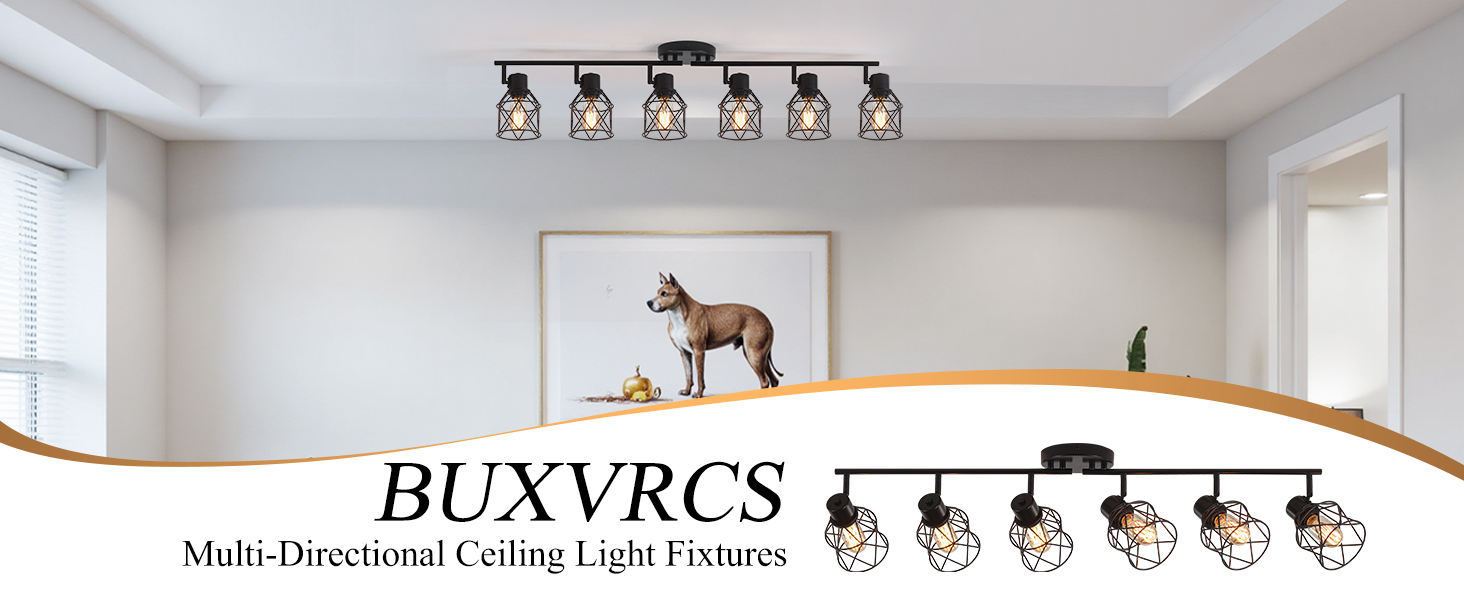 Image of 6 Lights Adjustable Multi-Directional Black Light Fixtures, Semi Flush Mount Ceiling Light, Kitchen Light Fixtures, Track Lighting Fixtures Metal Cage Industrial Spotlight Fixtures for Dining Room