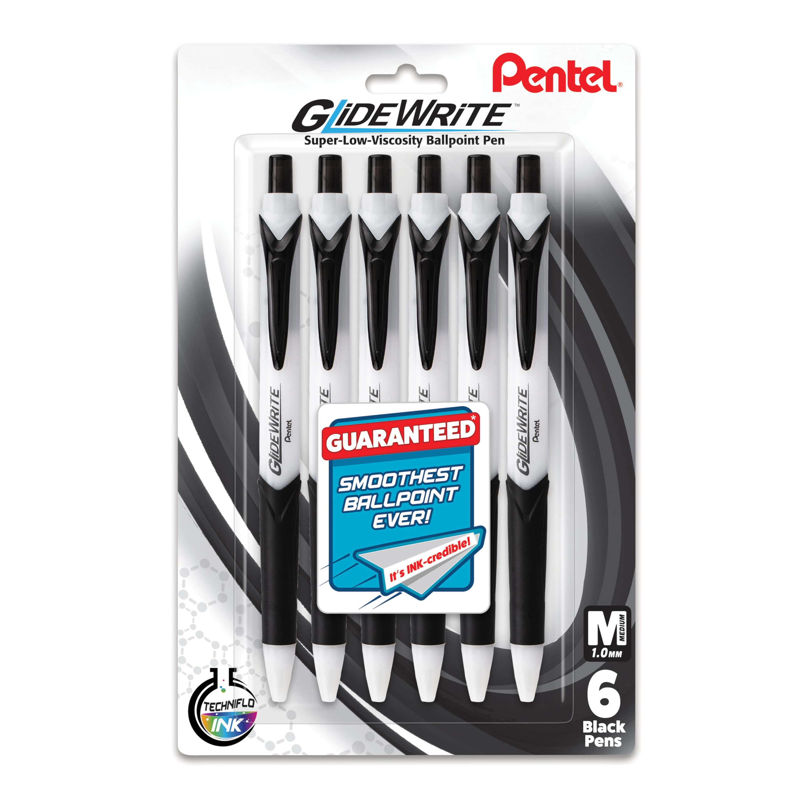 Pentel GlideWrite Ballpoint Pen with TechniFlo Ink, (1.0mm) Medium Line, Black Ink, Pack of 6 (BX910BP6A)