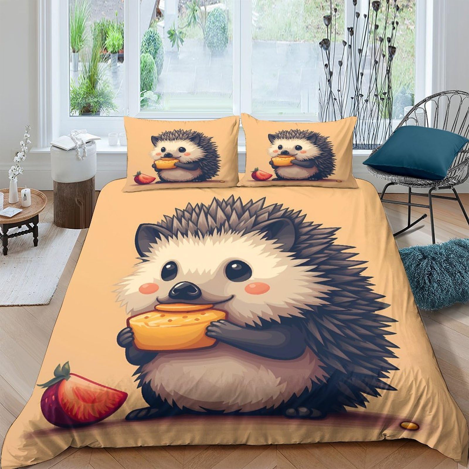 Ctjqhvkz Style-9 3D Printed Cute Hedgehog Fitted Sheet Microfiber Soft Yellow Cartoon Strawberry Bed Cover For Bedroom Guest Room Decor Single（135X200cm）